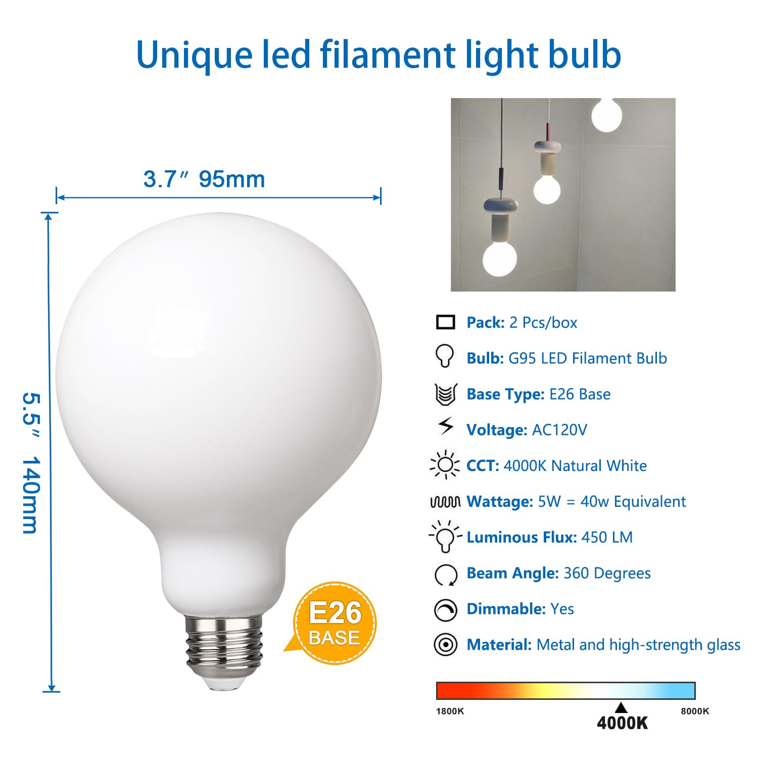 Myemitting 2 Pack G30/G95 Led Bulb Dimmable Led Globe Bulb, 5.5W Equivalent 60W Led Globe Light Bulbs, Neutral White 4000K Cri 9