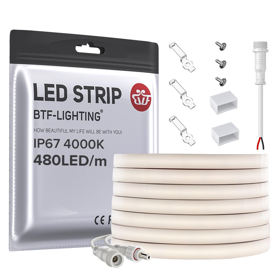BTF-LIGHTING FCOB COB LED Strip 16.4FT DC24V IP67 Natural White 4000K 480LED/m Silicone