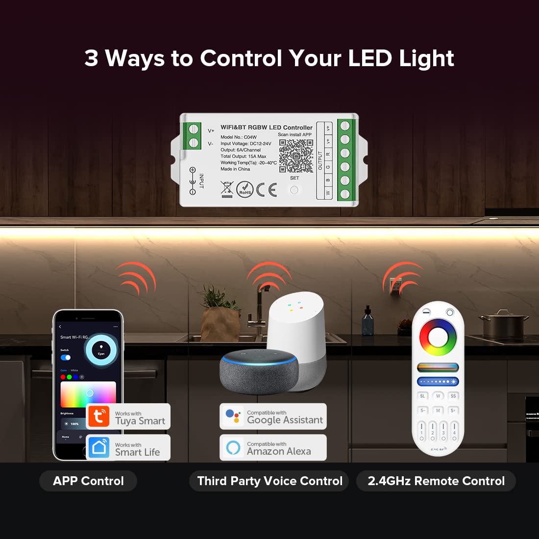 SEZO RGBW WiFi Bluetooth LED Strip Controller, Model M1C04W, Group Control, Tuya Smart Life APP Compatible, DC12-24V