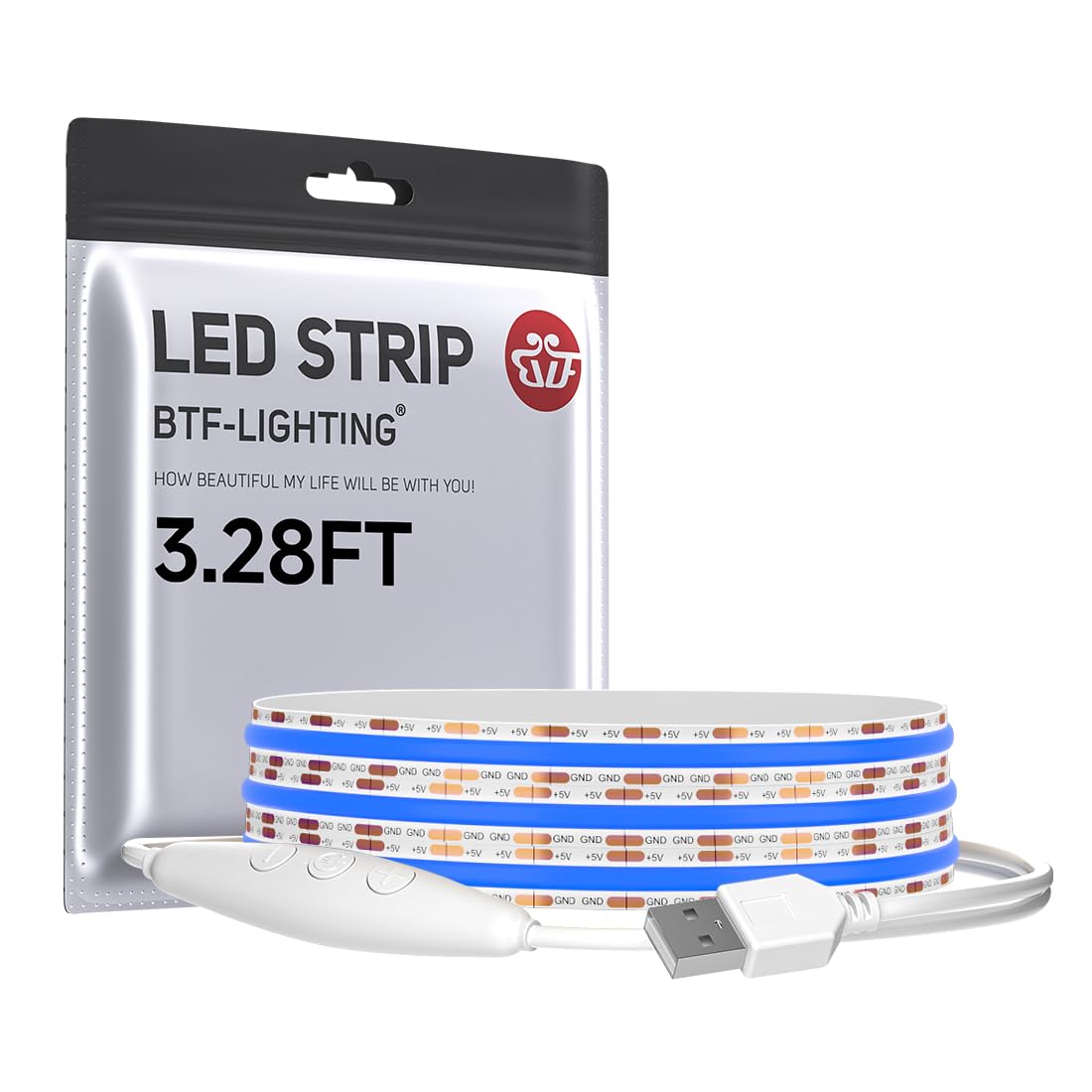 BTF-LIGHTING FCOB COB FOB LED Band Lights 5V USB Powered 3.28FT 320LEDs Blue Color 8mm Width Dimmable CRI 90+ with 3M Tape Flexible High Density for 3D Printer TV Backlight PC DIY Decor