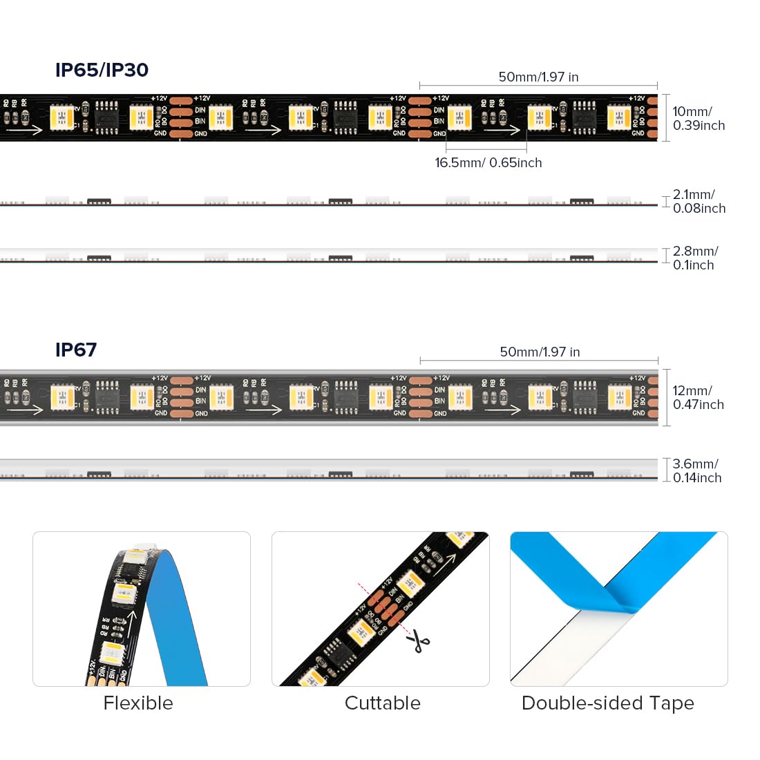 BTF-LIGHTING WS2805 IC RGBCCT LED Strip 16.4FT 60LED/m IP67 DC12V Black