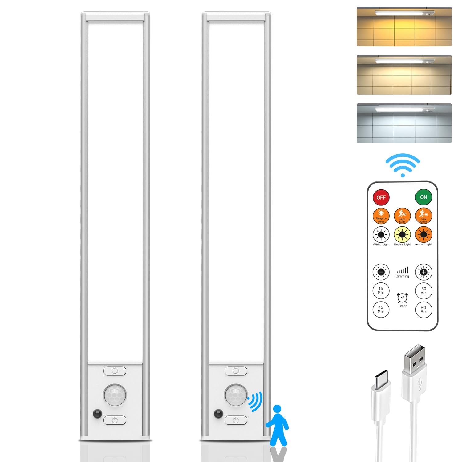 Under Cabinet Lights With Remote Control,Usb Rechargeable Battery 180 Lumens Motion Sensor Indoor Light Wireless Under Counter Lights,3 Color Dimmable Closet Lights For Kitchen,Stairs,Wardrobe
