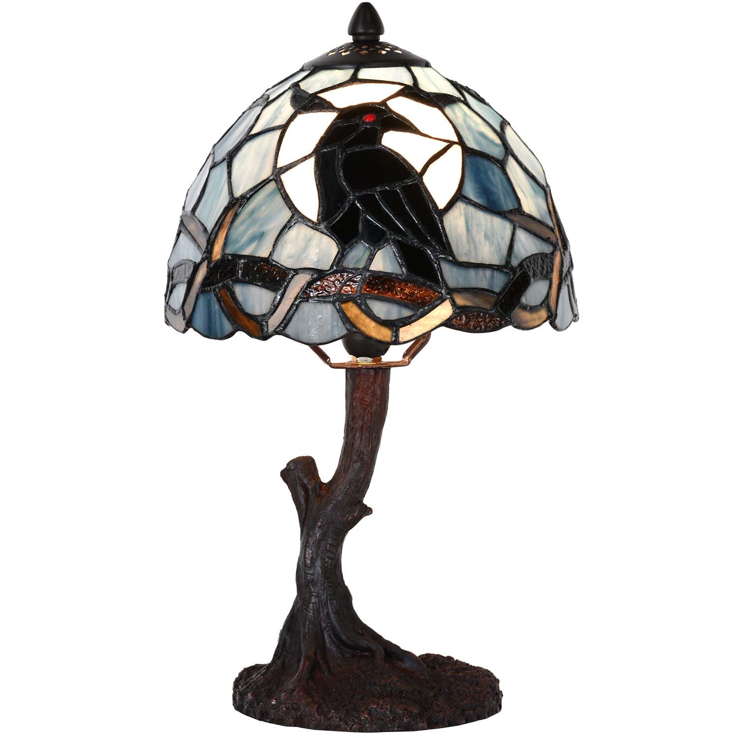 Bieye L12010 Raven Sitting on Bare Tree Branch in Full Moon Night Tiffany Style Stained Glass Table Lamp for Home Decor (Dark Bl