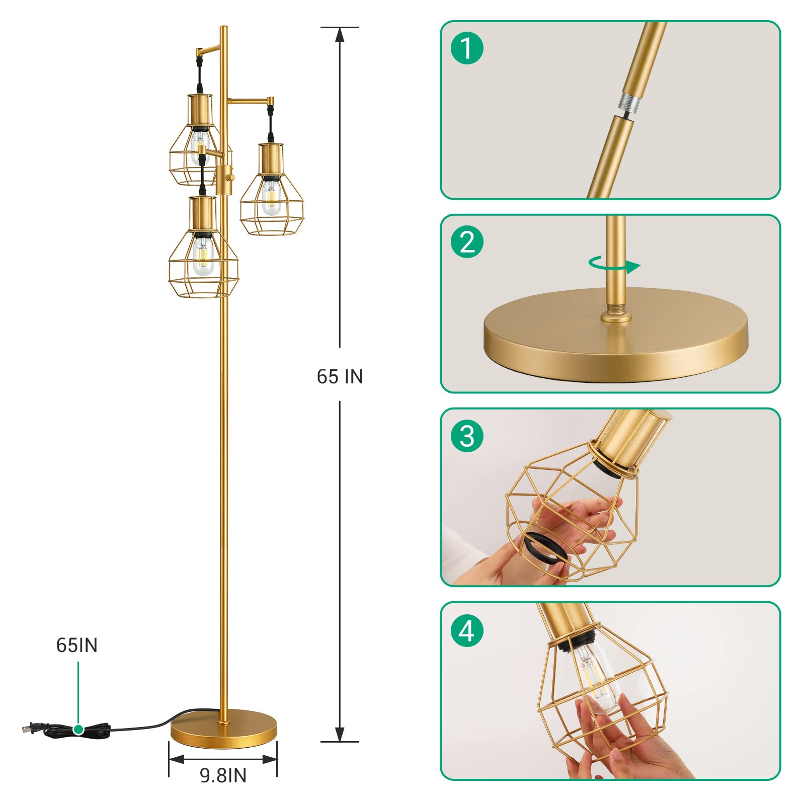 EDISHINE Industrial Dimmable Floor Lamp, Gold Metal Design with 3 LED Edison Bulbs, Modern Tall Corner Lamp for Living Room, Model HFLG03G