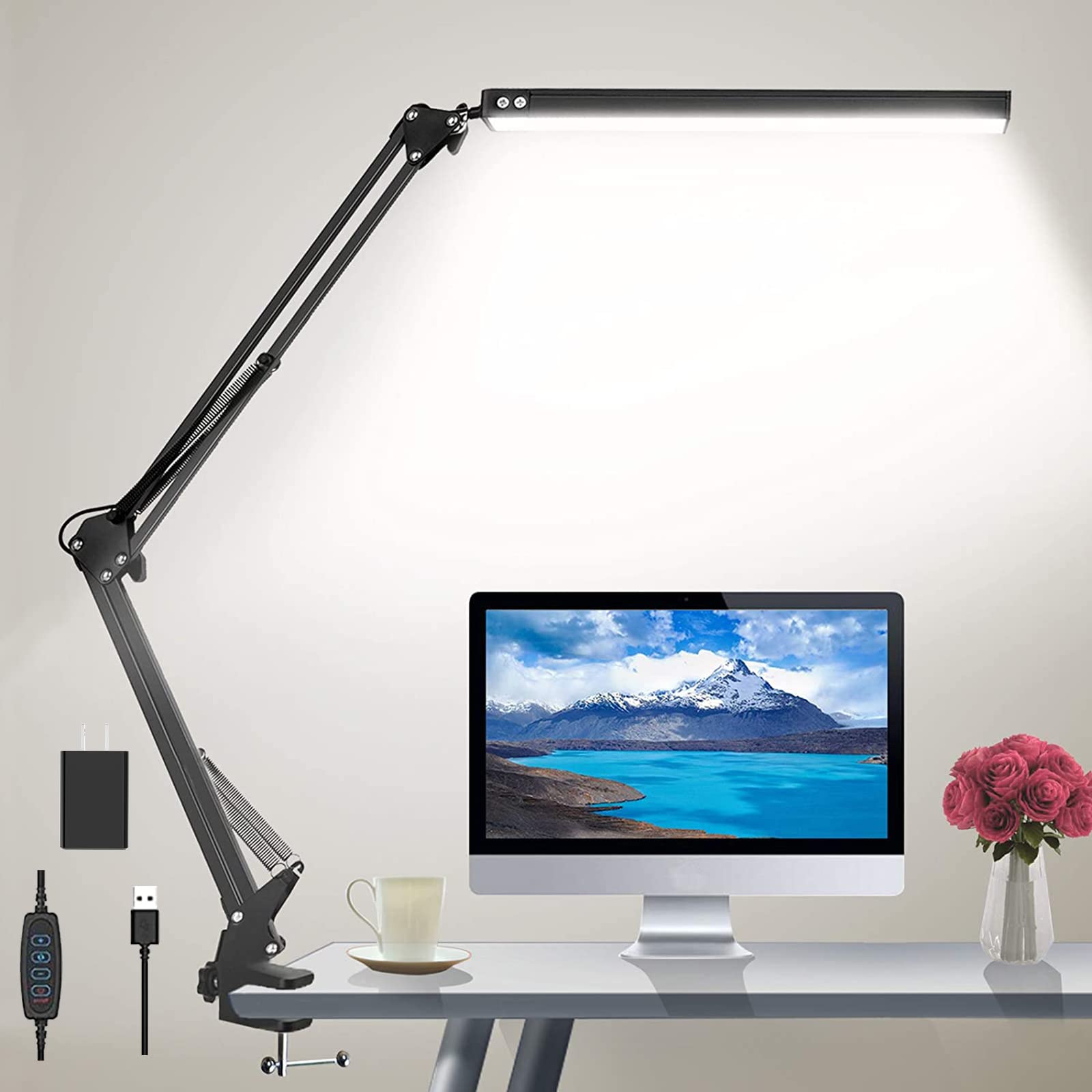 HaFundy LED Desk Lamp, Adjustable Eye-Caring Light, 3 Color Modes, 10 Brightness Levels, Black, Model TD-00A