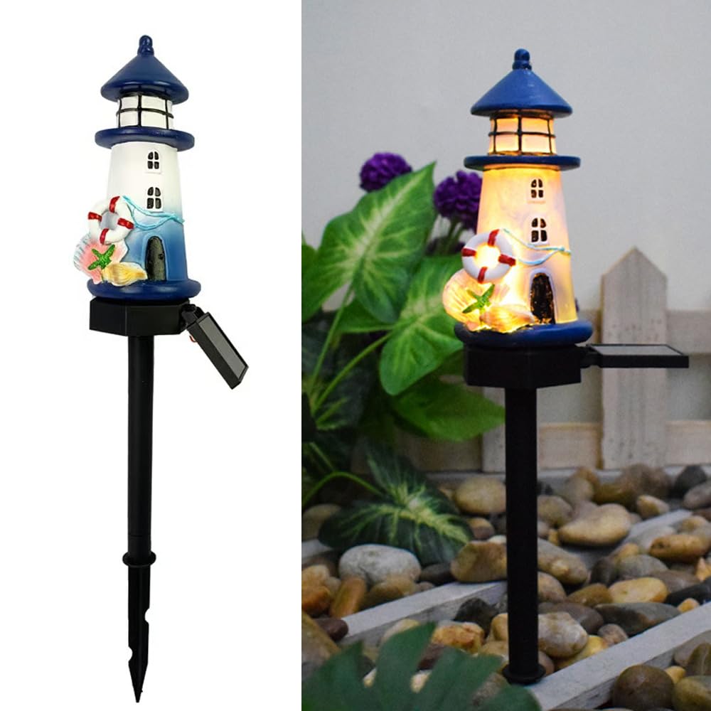 YZYOE Solar Blue and White Small Lighthouse Atmosphere Lights, Garden and Courtyard Decoration Resin Cute House Floor Lamp, Wire