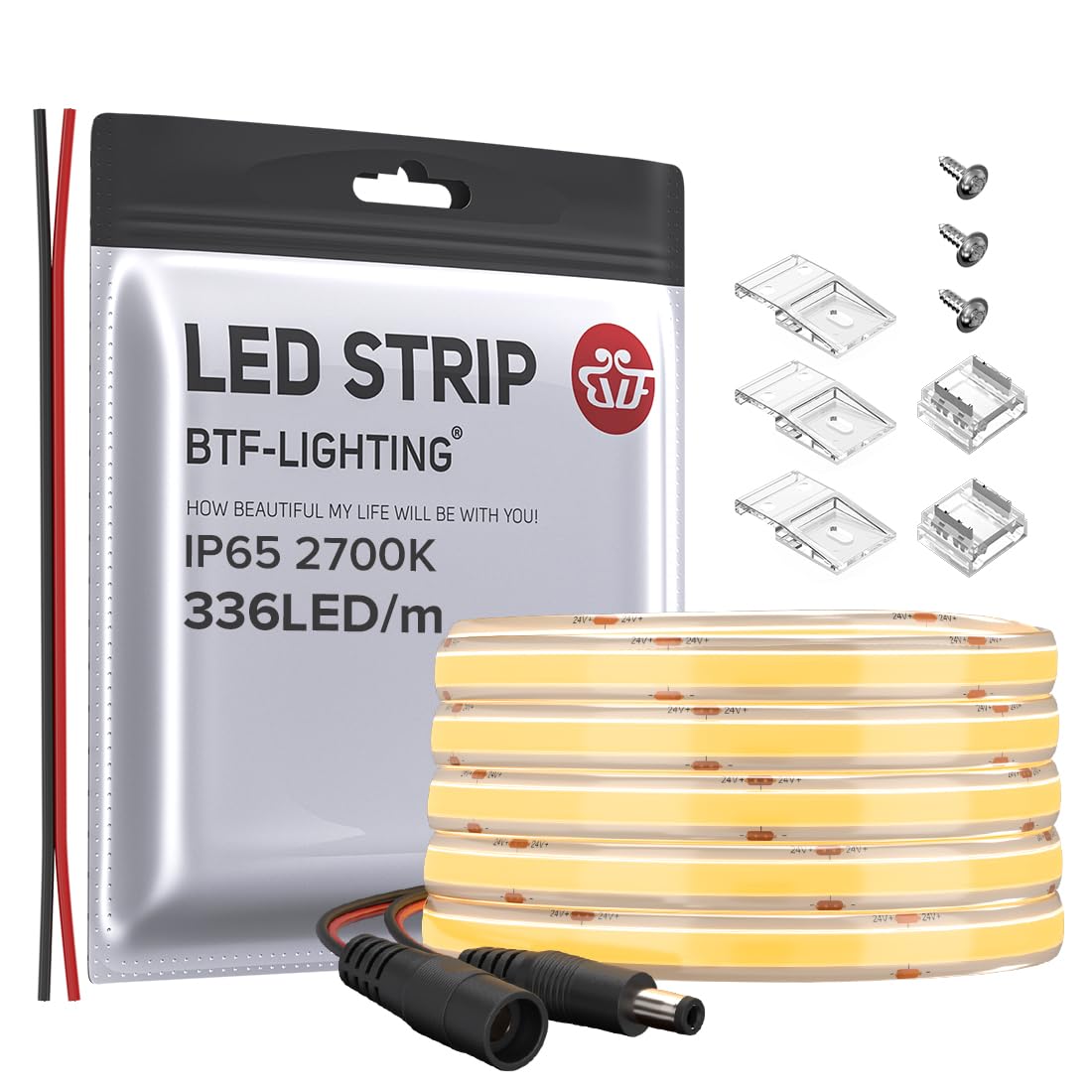 BTF-LIGHTING FCOB COB LED Strip IP65 Flexible High Density Uniform Light 8W/m 16.4FT DC24V Warm White 2700K 336LED/m CRI 90+ 8mm