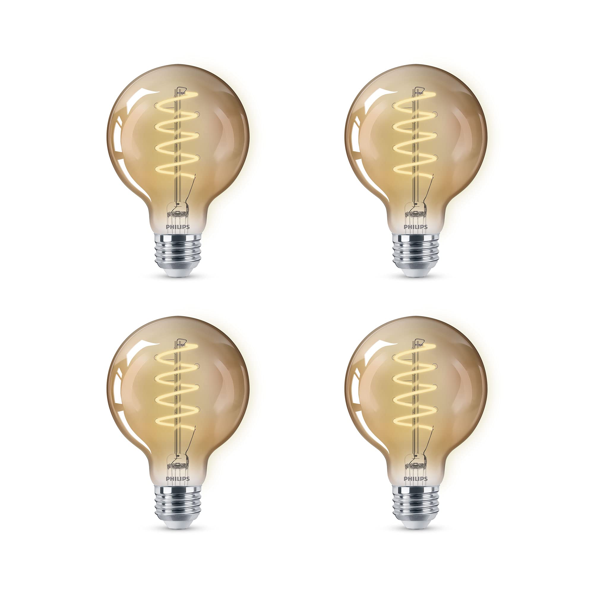 Philips LED Vintage Amber Spiral Bulbs, 6.5W=60W, 400 Lumen, Dimmable, 4-Pack, E26 Base, Model 565887