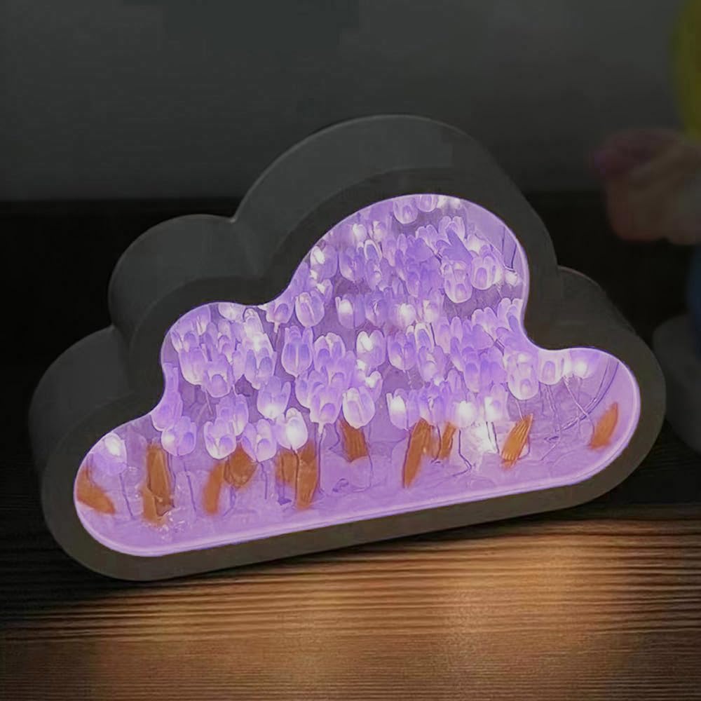 Logazoo (20 Flower) Tulip Lamp Night Light With Mirror  Assembled Artificial Flower Lamp Table Light Bedroom Decoration Gift For Women Girlfriend Sisters Desk Table Decor  Cloud Design (Purple)
