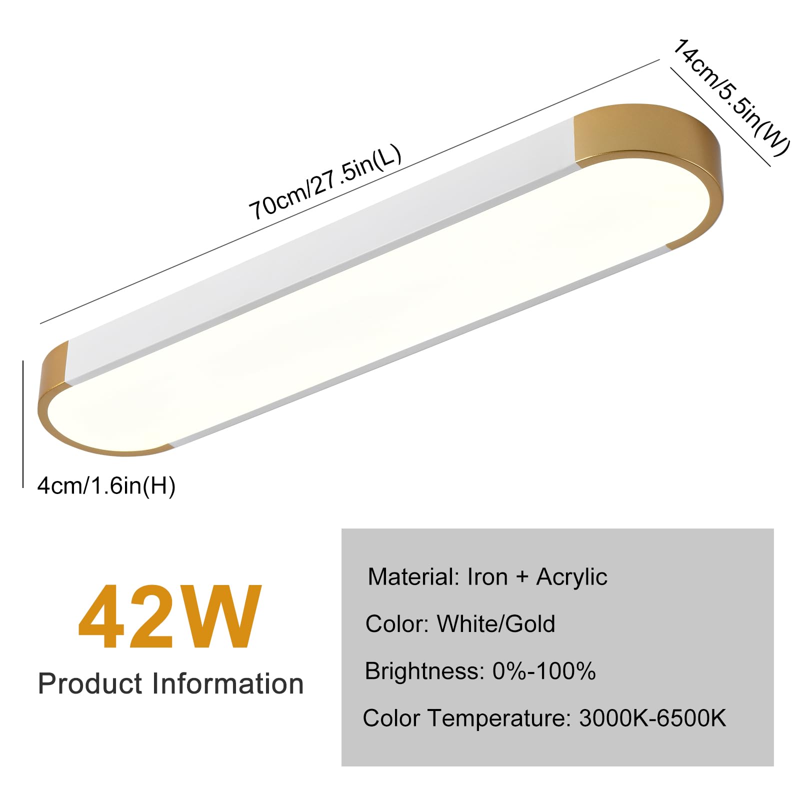 Tioolo Dimmable Led Ceiling Light With Remote 42W Kitchen Lighting Fixtures Ceiling White And Gold Long Ceiling Light Fixture 27.5 Inch Flush Mount Ceiling Lights For Kitchen Dining Room Hallway