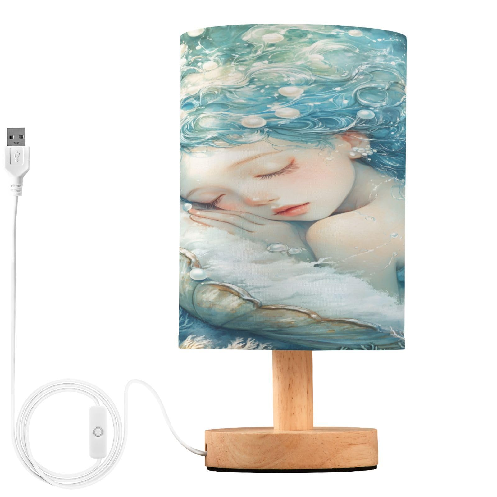 ALAZA Mermaid Pearl Seashell Decor Bedside Table Lamp with USB Port for Bedroom Nightstand Office Desk LED Bulb Included