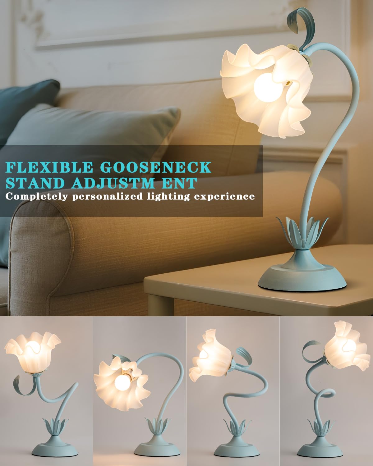Werfop Flower Desk Lamp  Cute Vintage Reading Table Lamp For Bedroom  Small Bedside Nightstands Light With 3 Color Modes  Kawaii Decor For Dorm Living Room Office (Powder Blue)