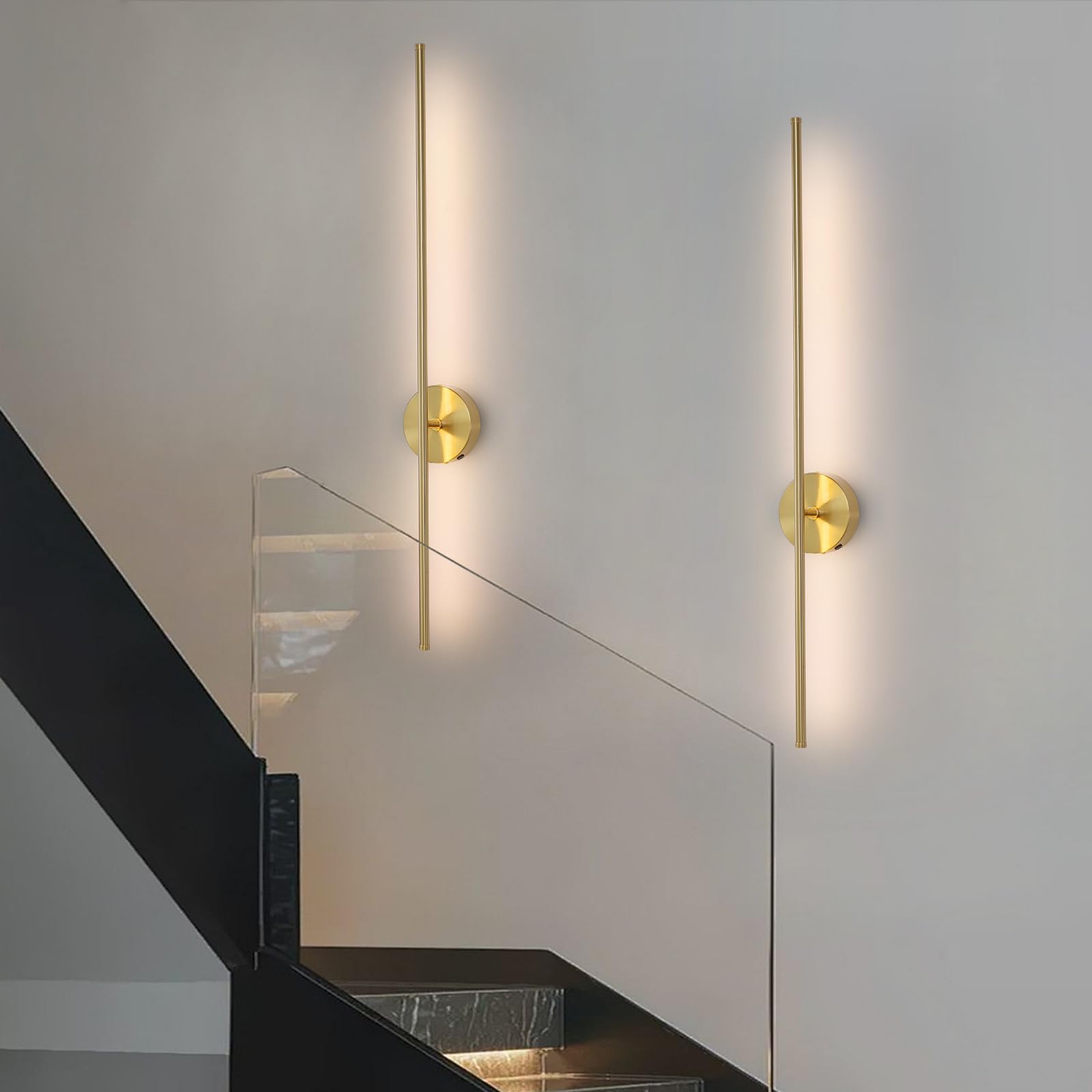 HONGREN 40in Gold Battery Operated Wall Sconces, LED Dimmable with Remote Control, Set of Two, Modern Metal Design