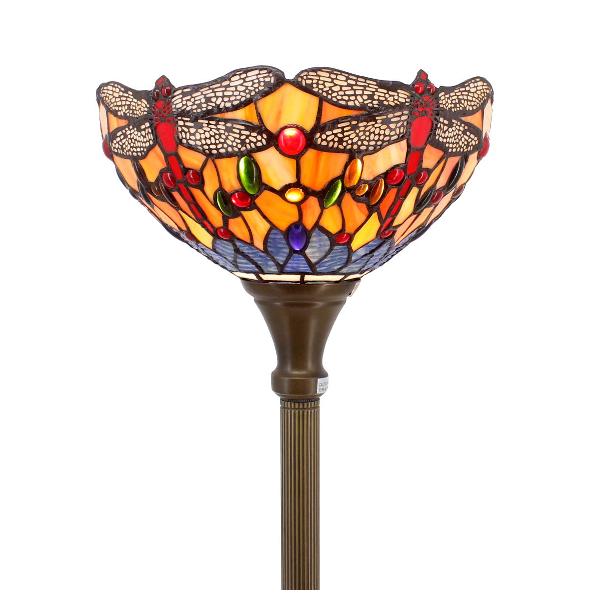 WERFACTORY Tiffany Floor Lamp Orange Blue Stained Glass Dragonfly Light 12X12X66 Inches Torchiere Standing Corner Torch Uplight 