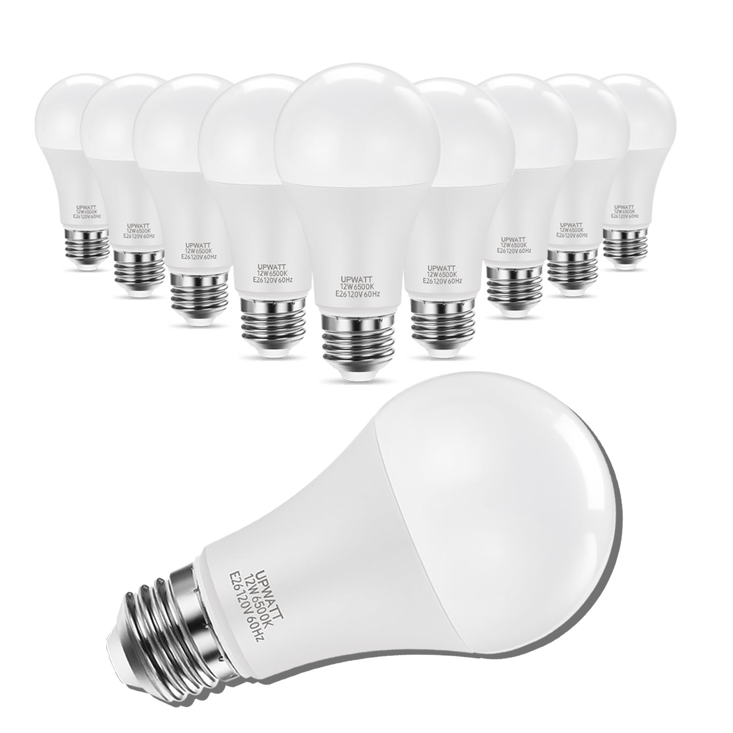 UPWATT LED Light Bulbs A19 12W 100W Equivalent 1200 Lumens Daylight 6500K Non-Dimmable E26 Base 10 Pack White