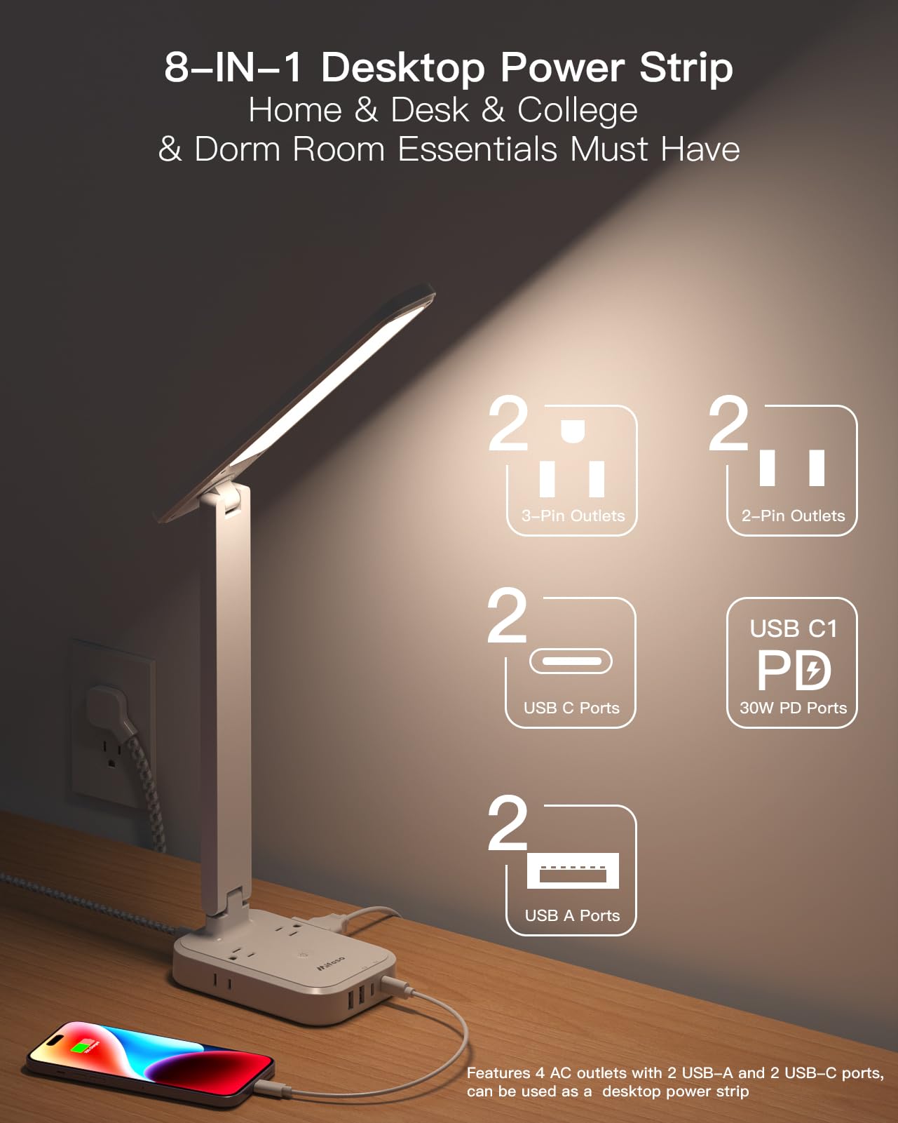 Mifaso Power Strip Desk Lamp with LED, 30W Touch, 4 Outlets & 4 USB Ports, 11.8"x3.75"x14.56", White, Model