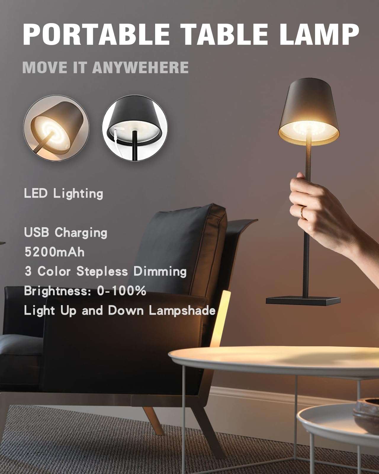 Nerefou Cordless Table Lamp, 5200Mah Battery Operated Lamp,3 Color Stepless Dimming Desk Lamp, Ip54 Waterproof Outdoor Table Lam