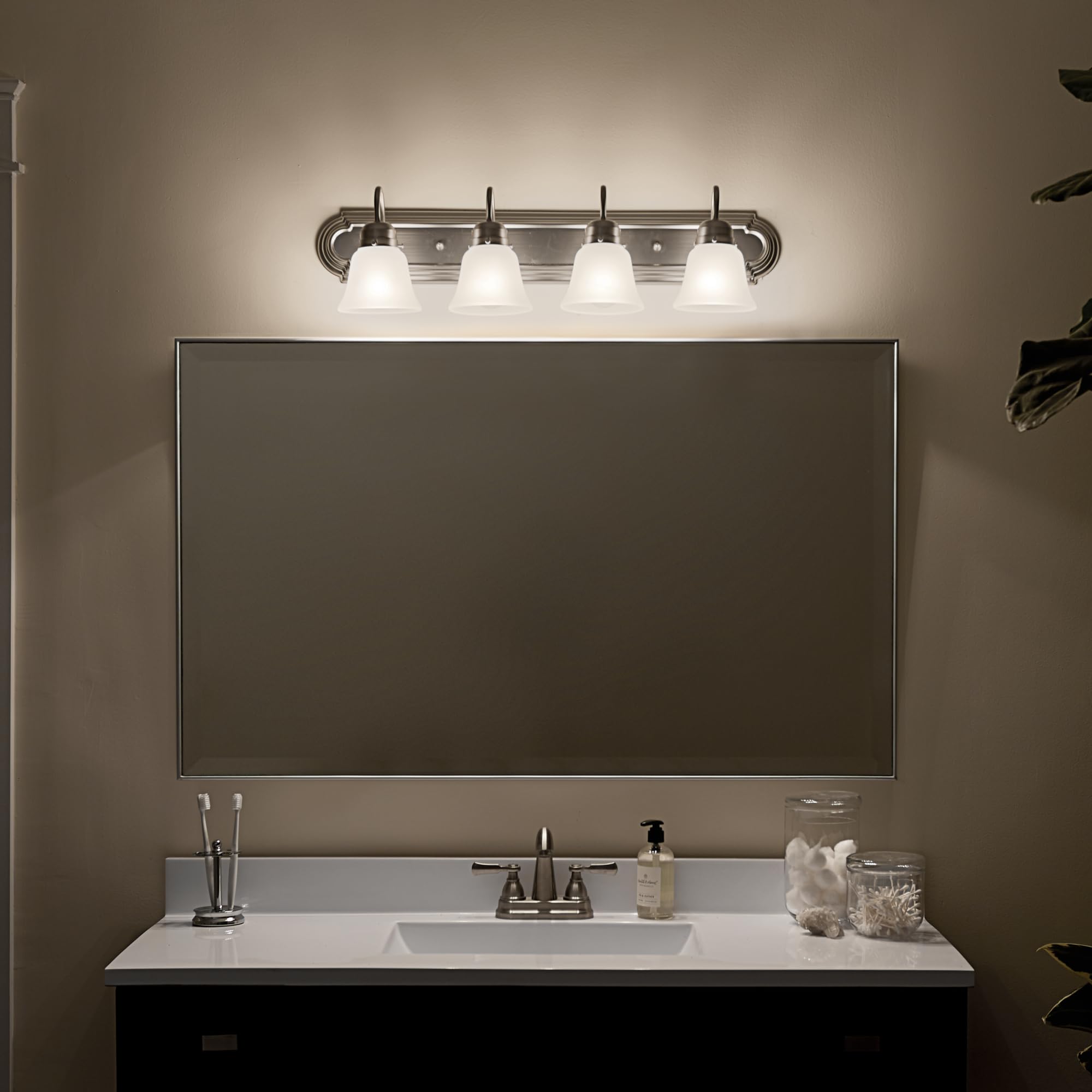 Kichler 30'' 4-Light Vanity Bath Light In Brushed Nickel, Modern Bathroom Light With Clear Satin Etched Glass, (30'' W X 8'' H),