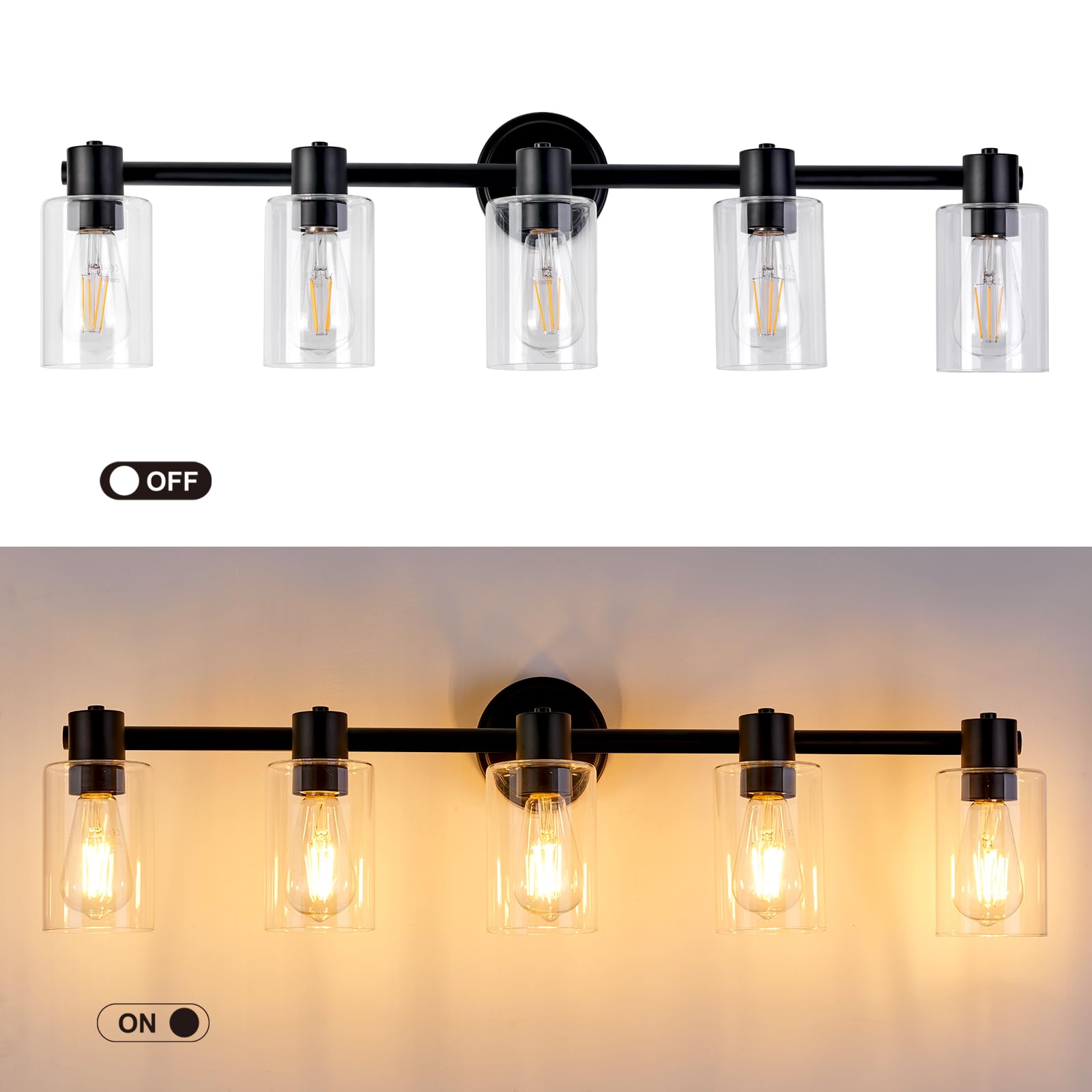 Alaislyc 5-Light Black Bathroom Wall Sconce With Clear Glass Lights For Vanity And Mirror