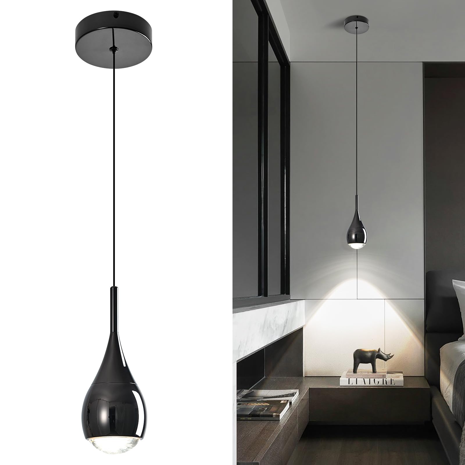 ADCTHOME Pendant Lights Kitchen Island  Modern Black Pendant Light fixtures  LED Dimmable Hanging Pendant Lighting for Over Sink Bar Dining Room Bedside Lens COB 4000K(1-Pack)