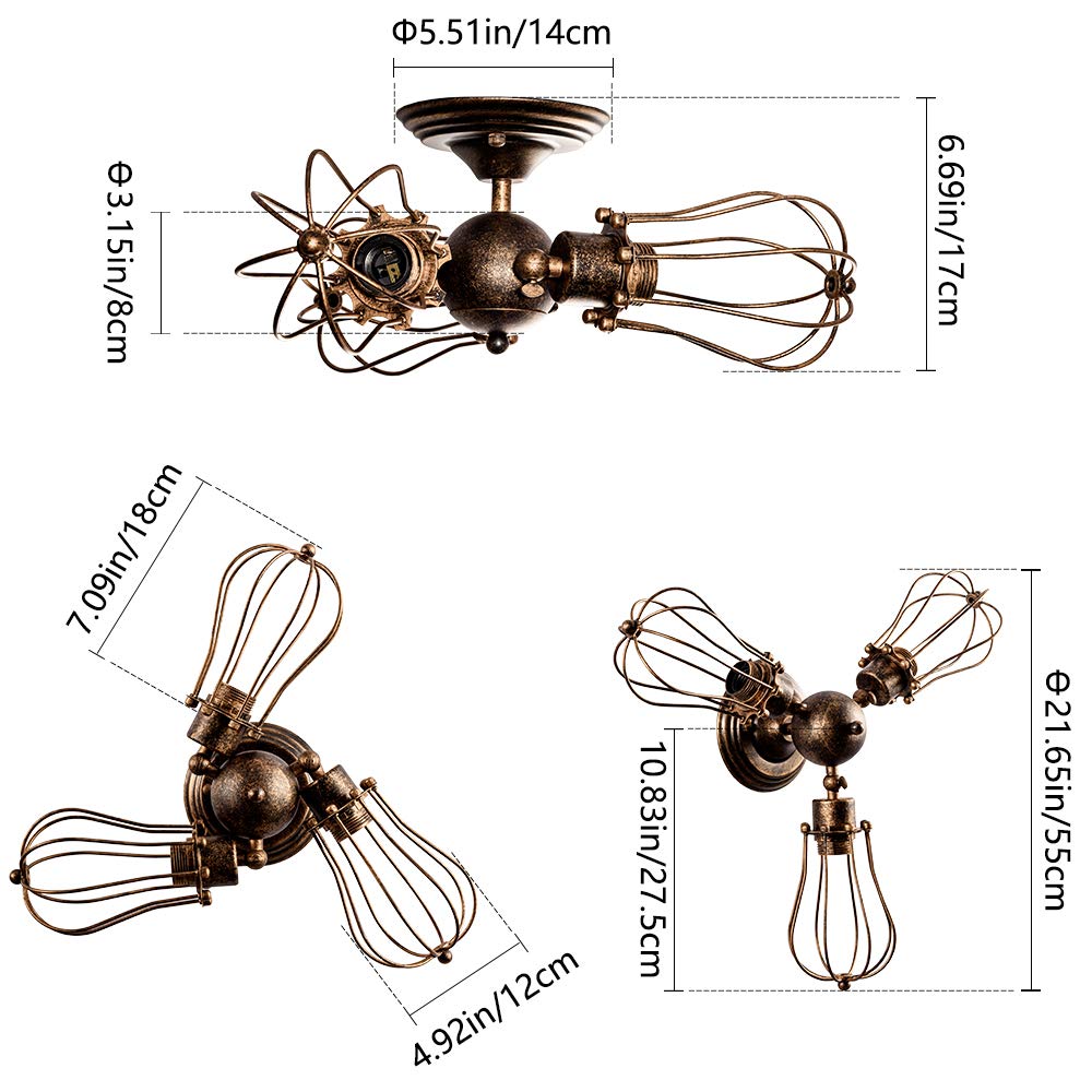 Luling Vintage Ceiling Light Industrial, Adjustable Socket Metal Wire Cage Lamp Semi-Flush Mount Rustic Ceiling Light Metal Lamp