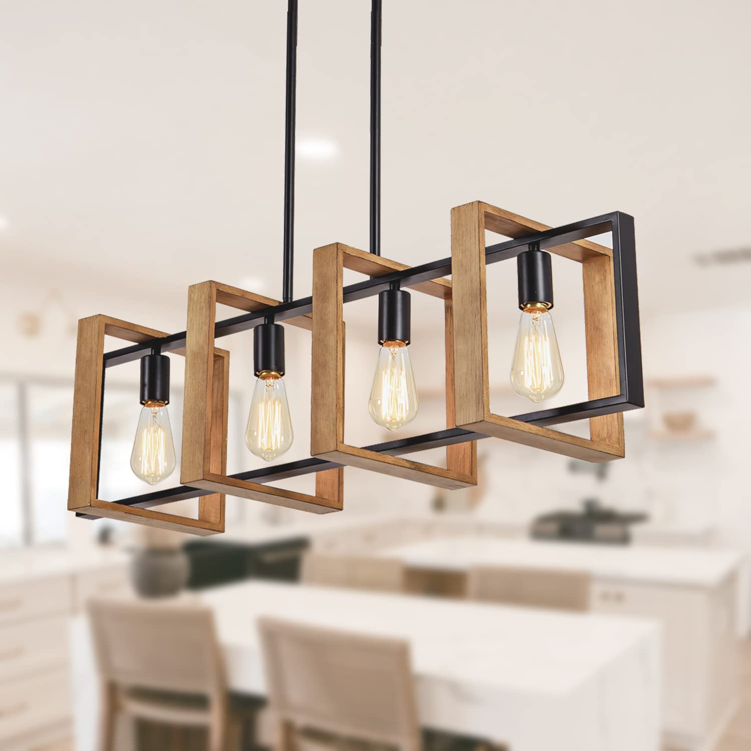 Dining Room Light Fixture Farmhouse Pendant Lights Kitchen Island Rustic Kitchen Light Fixtures 4 Lights Wood And Black Metal Rectangular Chandelier Ceiling Hanging Lighting 35.4"