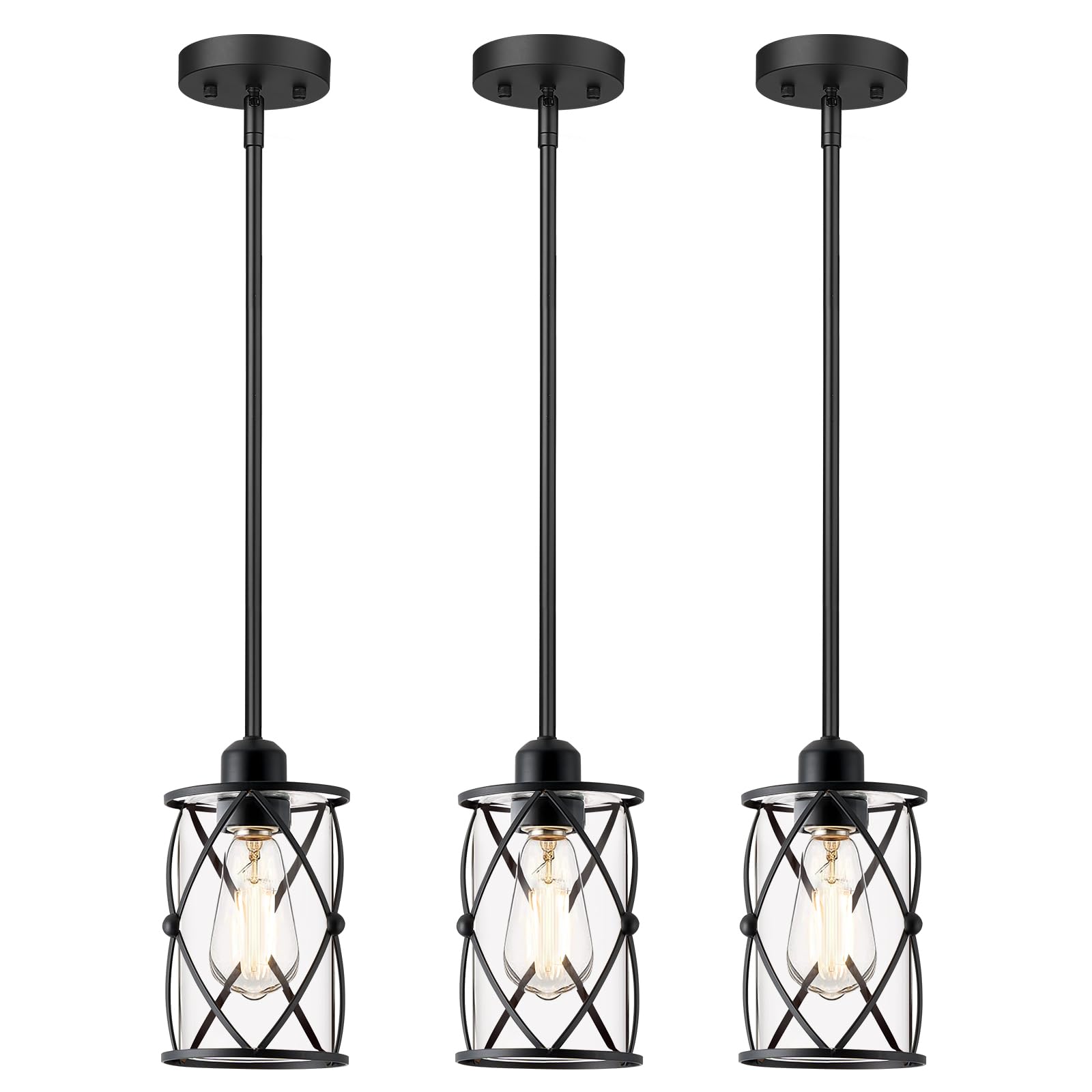 Osimir Glass Pendant Lights 3 Pack, Black, Modern Mini Hanging Light for Kitchen Island, Model CH9176BK-3PK