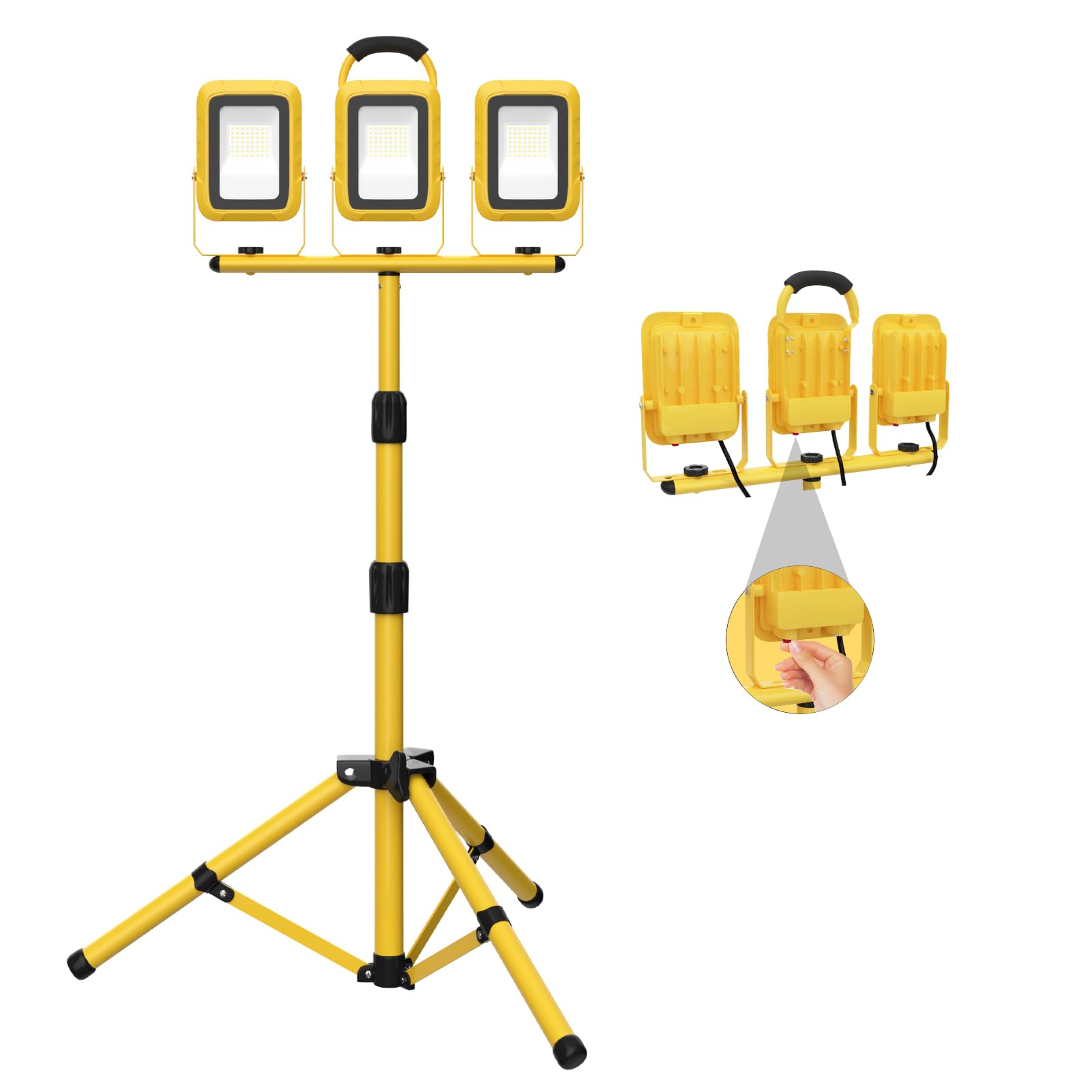 21000 Lumens Work Lights With Stand, 3 Adjustable Head Led Work Light, Waterproof Portable Lights With Individual Switch, Led Flood Light With 72 Inch Adjustable Metal Telescoping Tripod