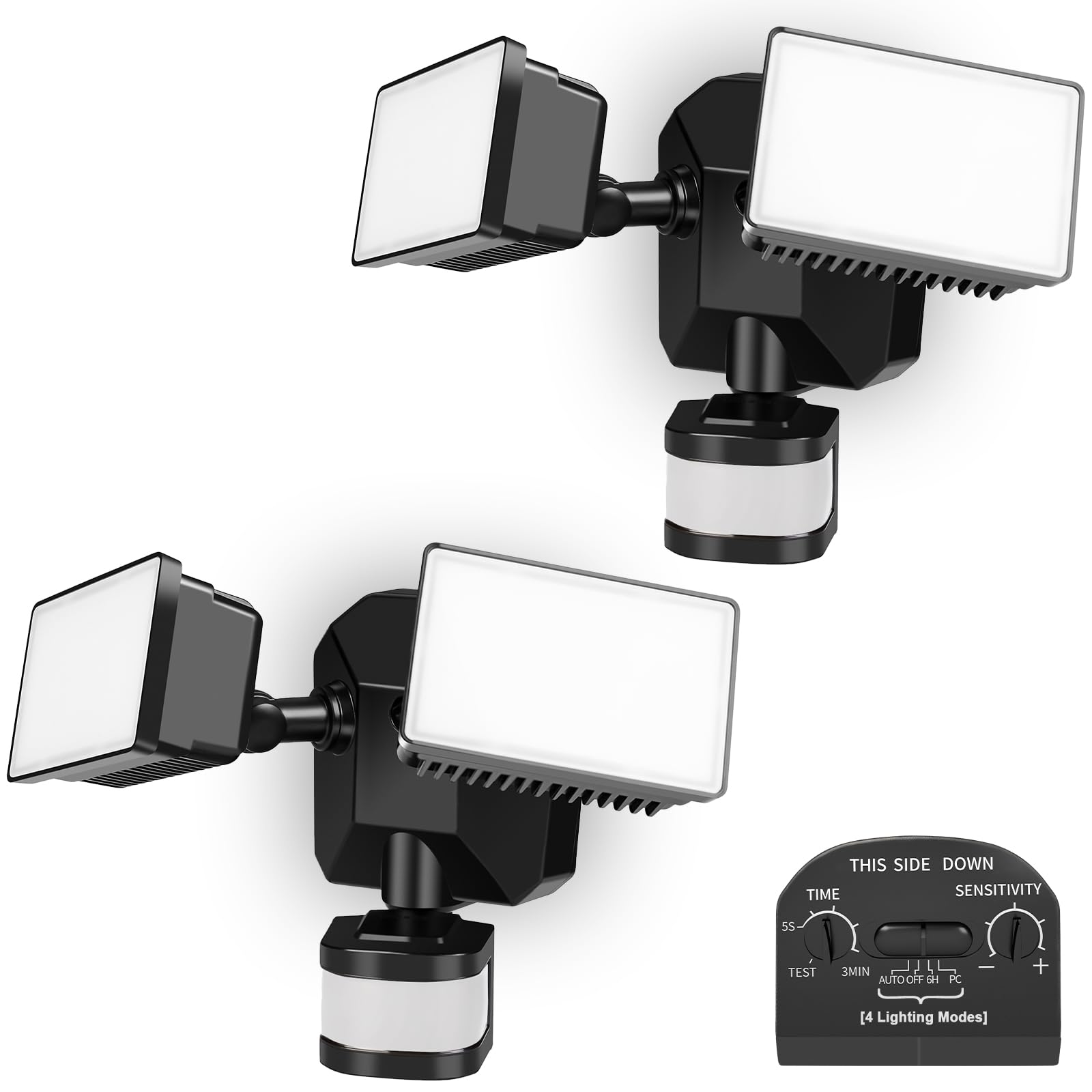EMANER Motion Sensor Floodlights, 5000K Daylight White, IP65 Waterproof, 2-Pack, Black Fixture, Model 7042-BL
