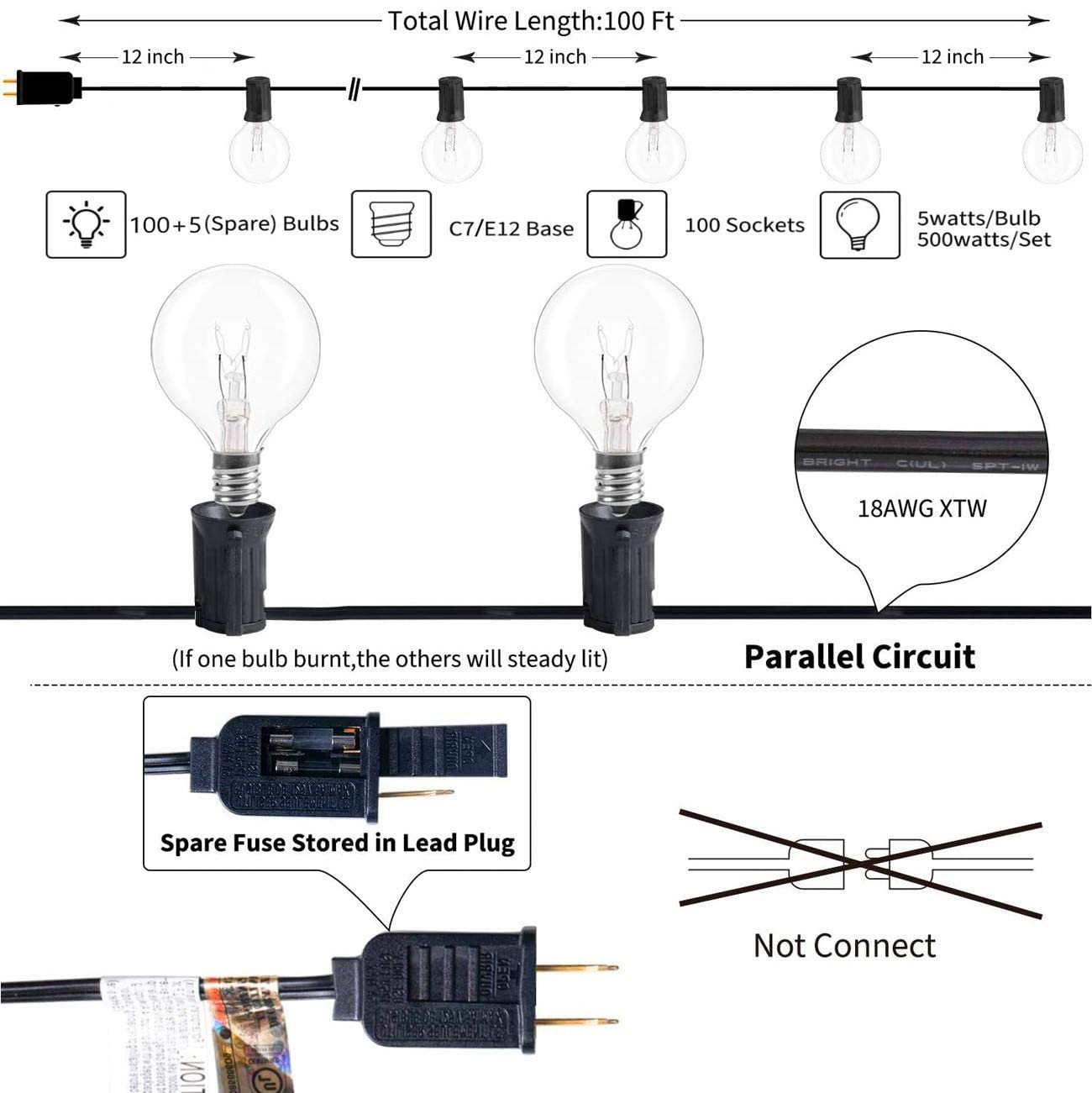 SUNSGNE G40 Outdoor String Lights, 100 Ft, Waterproof, 105 Clear Edison Bulbs, Black Wire, Ideal for Indoor/Outdoor Decor