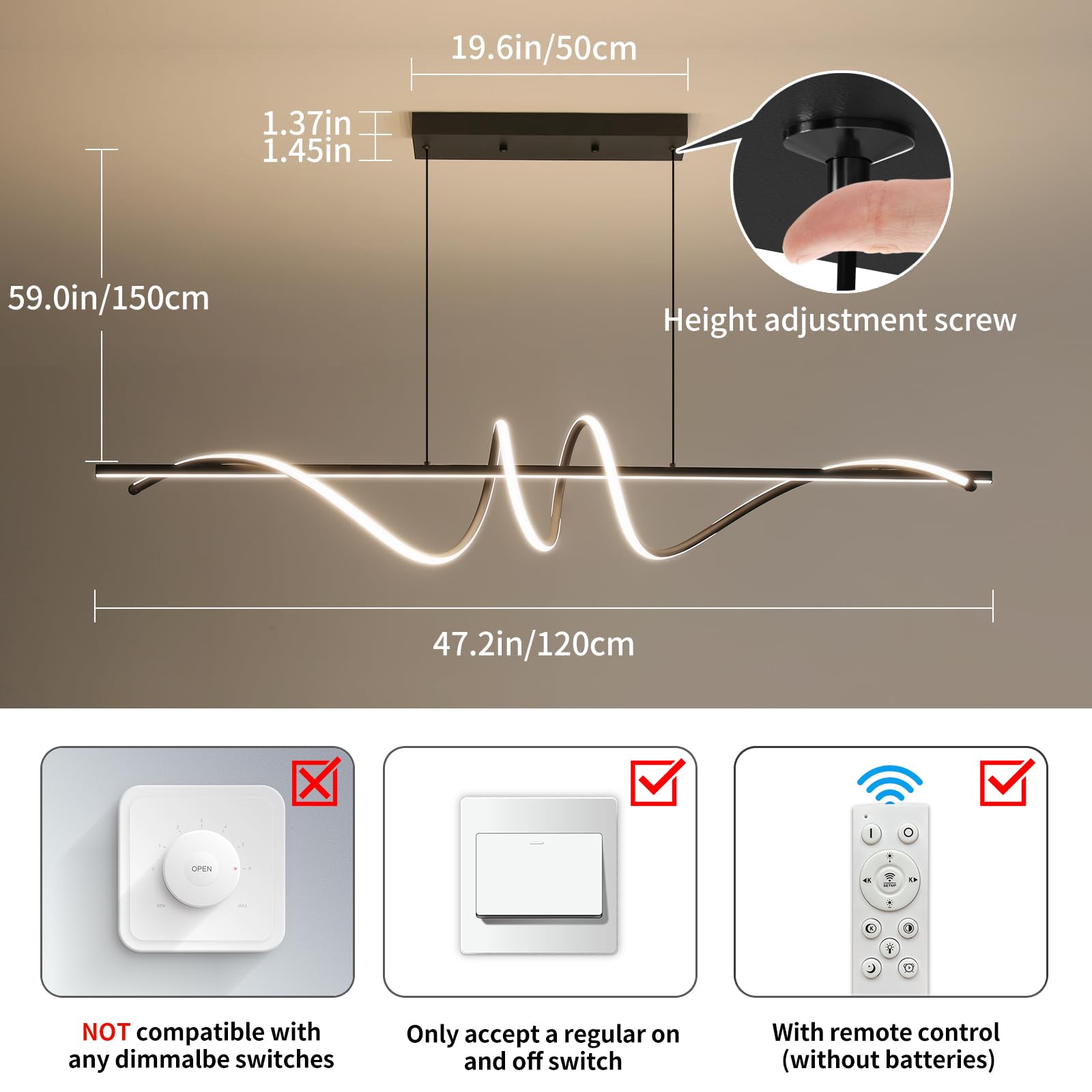 Modern Led Chandelier Light, 47In Pendant Light Fixtures Dimmable With Remote Control 3000K-6500K Adjustable Color Temperature,Aluminum Island Lighting Lamp For Dining Room, Living Room, Island