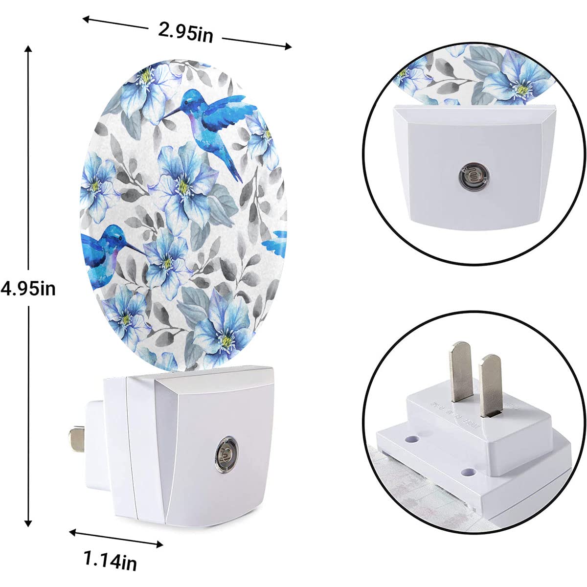 EKOBLA Blue Hummingbirds Night Light - Auto On/Off LED, 0.5W, ABS Plastic, 1.14"D x 2.95"W x 4.95