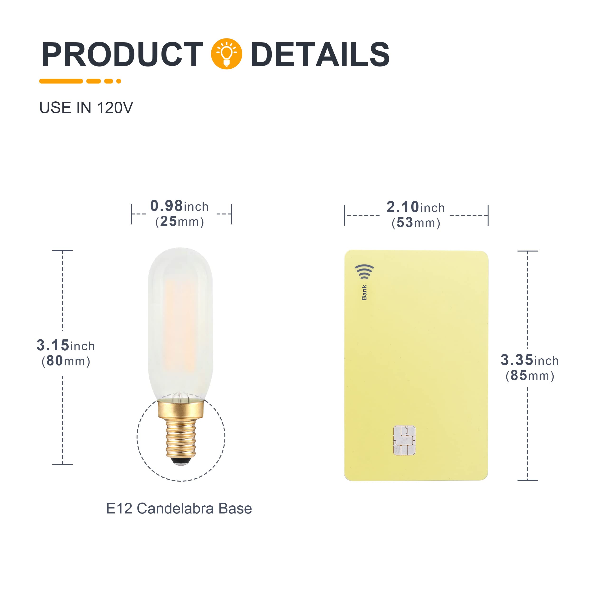 TOKCON Dimmable E12 Candelabra LED Bulbs, 2W (25W Equiv), 2700K Warm White, Glass, 6-Pack