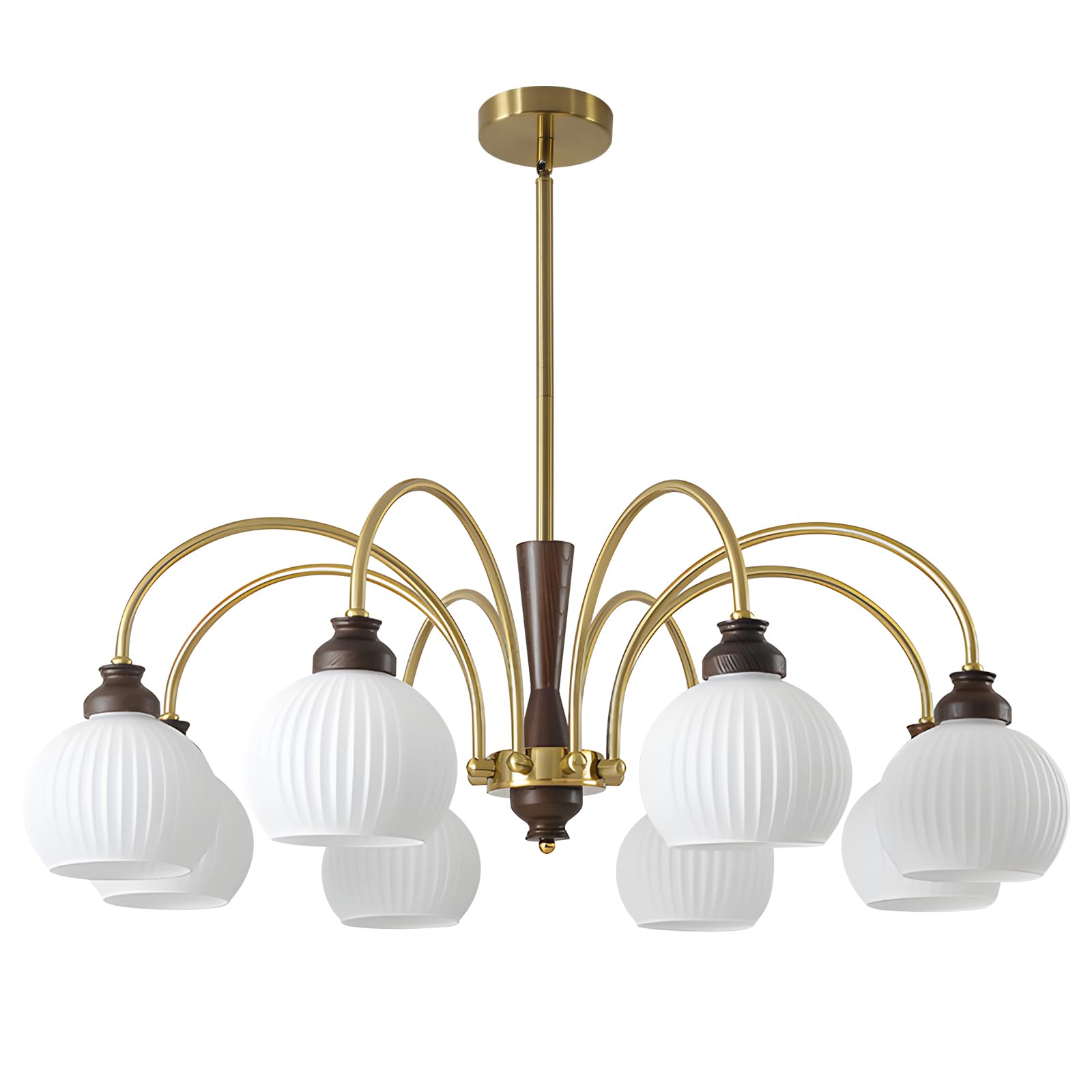 BOKT Milk Glass Chandelier Modern Wooden Chandelier Large Globe Hanging Ceiling Lighting 8 Light Walnut Wood Ceiling Sputnik Lig