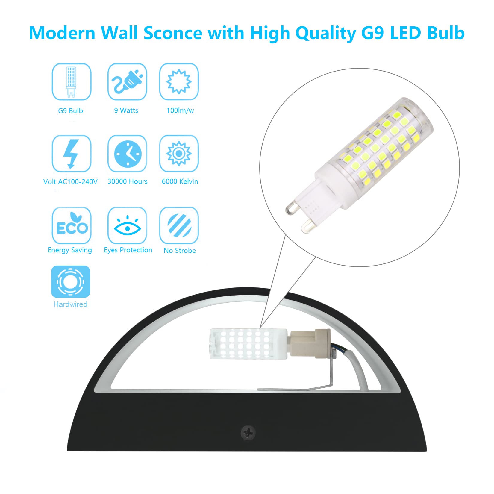Aipsun LED Wall Sconce Set of 2 - Hardwired Black Aluminum Up/Down Mount Light for Living Room, Bedroom, Hallway - Cool White 6000K