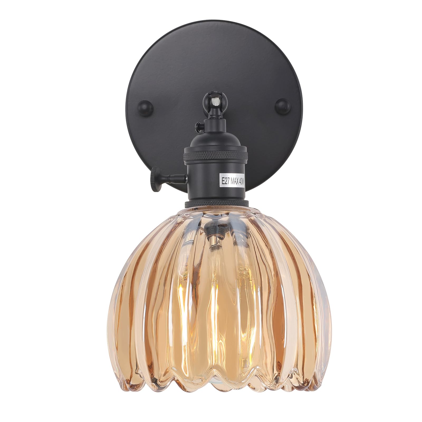 Shenmoyl Vintage Wall Sconce, Amber Glass Lampshade, Hardwired, 1 Light, Black Base, Model 1-9412