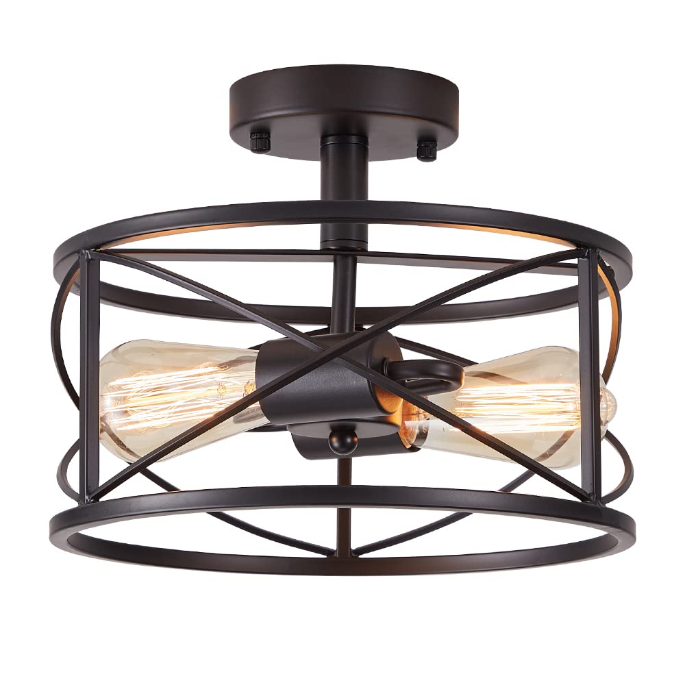 Weltrans Black 2-Light Semi Flush Ceiling Light Fixture, Metal Cage Pendant For Home Decor