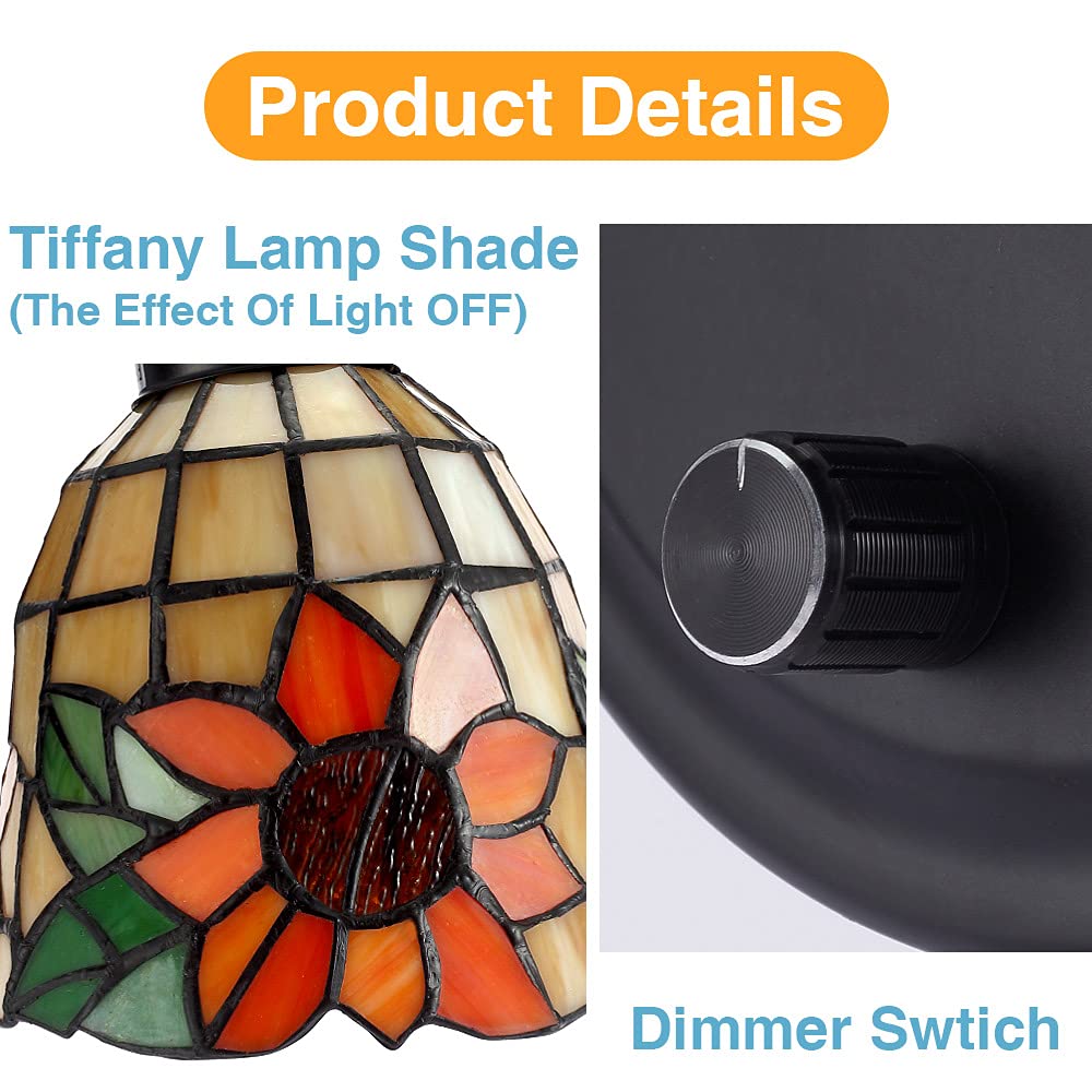 DENGMALL Tiffany Wall Mount Lamp - Dimmable Gooseneck Sconce with Flowers Stained Glass Shade for Bedroom & Living Room