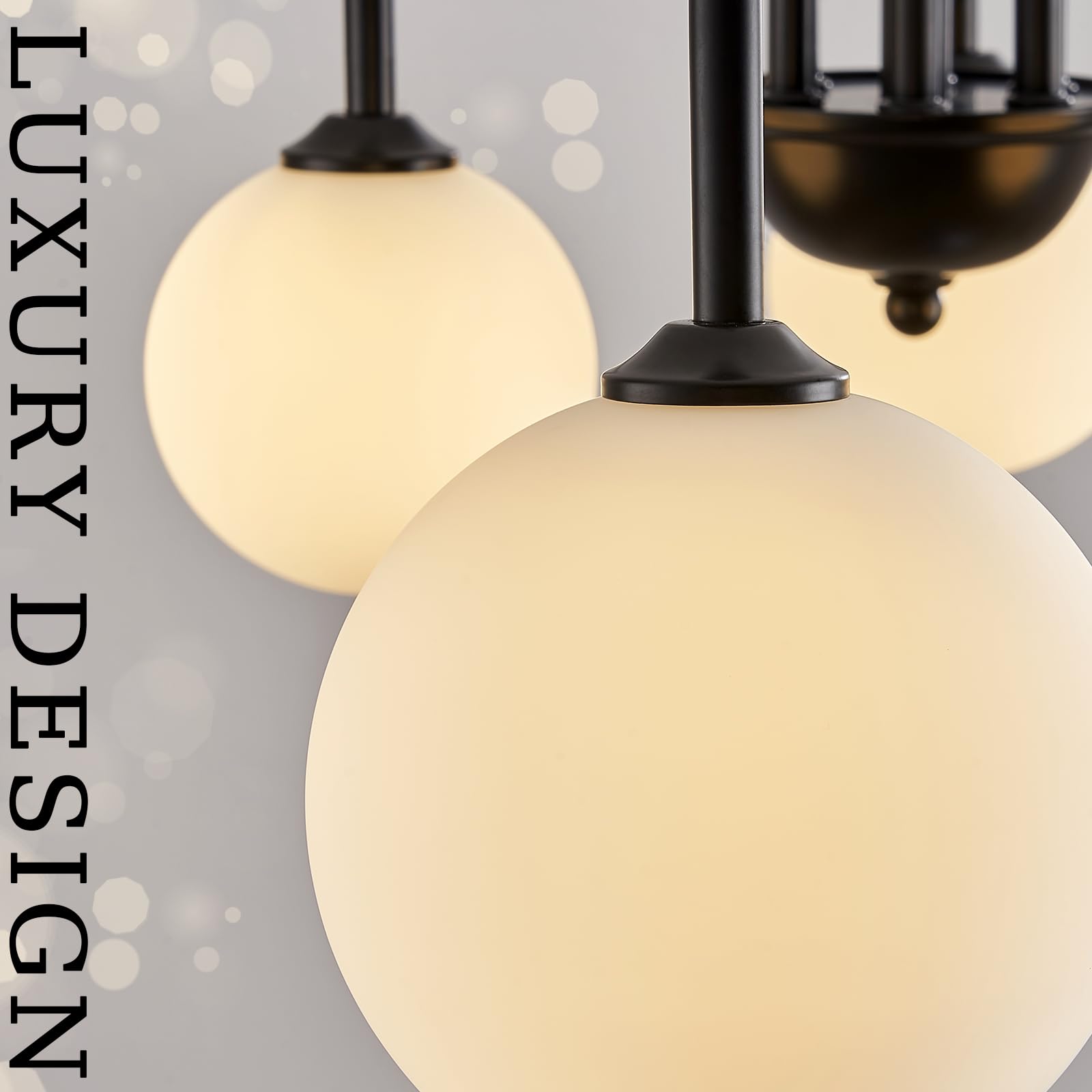 CATINER Modern Black 6-Light Sputnik Chandelier, Metal with White Glass Globe Shades, 40” for Dining Room, Foyer, Bedroom, Model P93-6B1