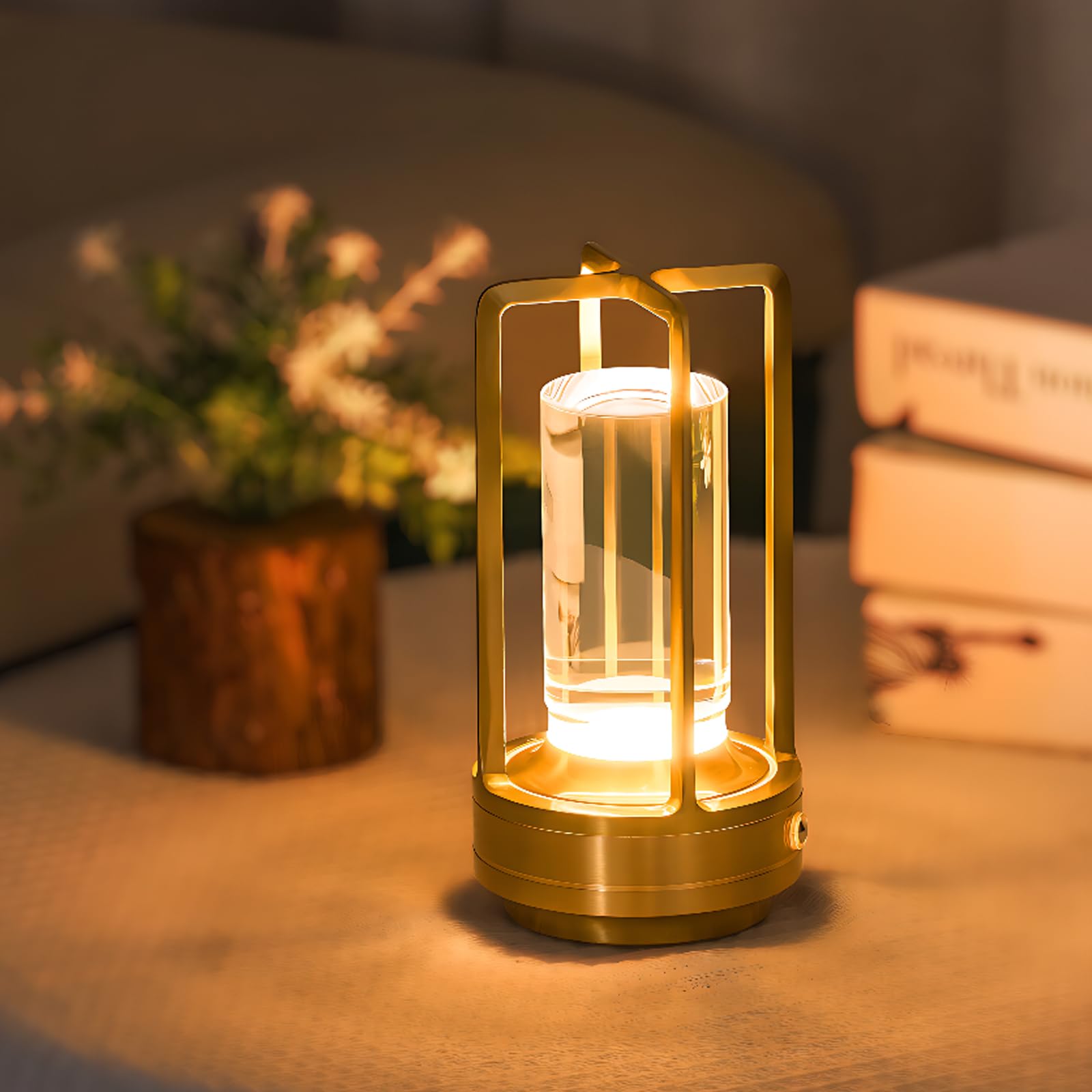 UMLAEN Rechargeable Table Lamp, 3 Color Stepless Dimming, Metal, Gold, 1 Pack, Model BG6004JS