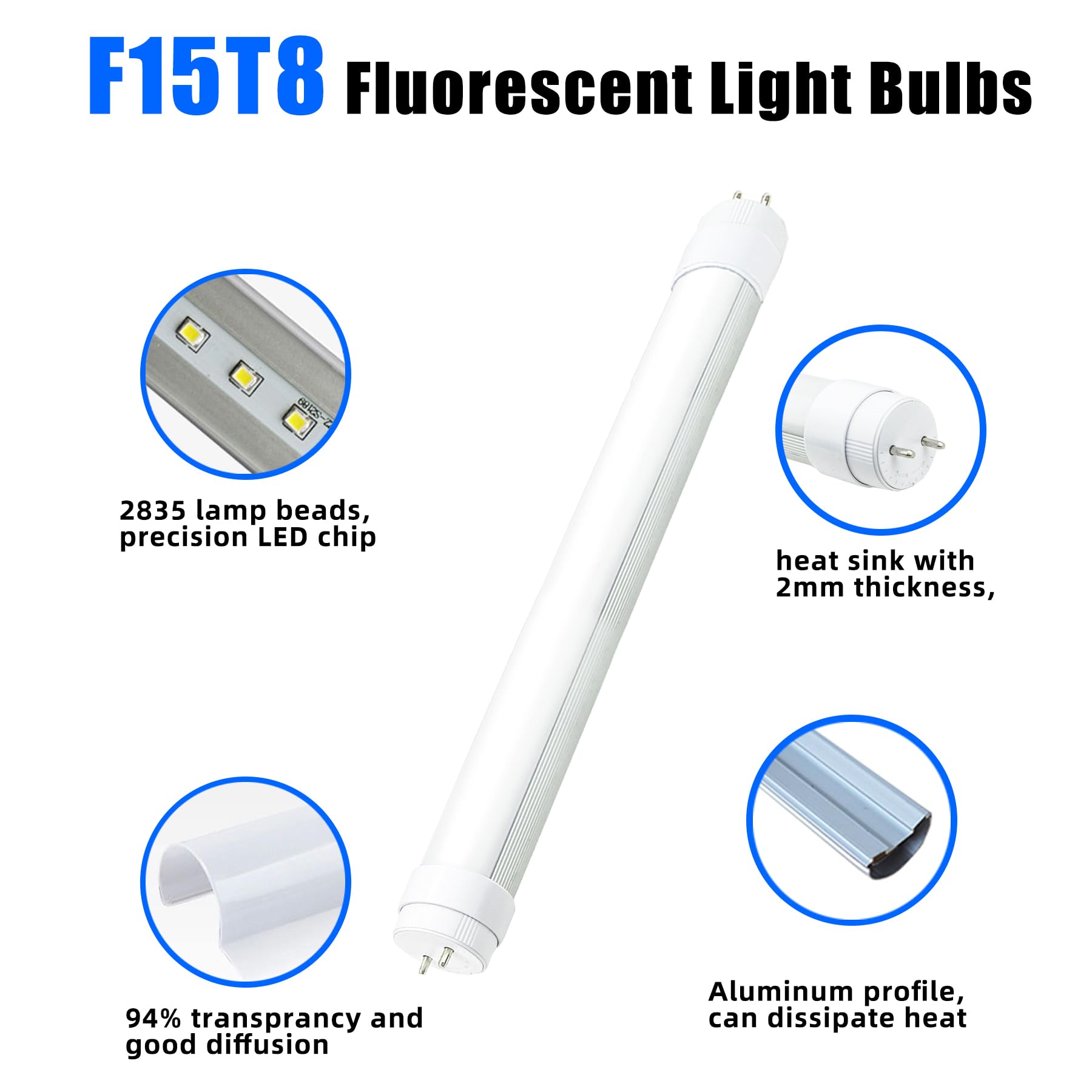 Wyzm F15T8 Led Replacement Bulb,7W,840Lm Output,5000K Daylight White,F15T8 Led Rotatable End Caps,Frosted Cover 18 Inch Led Tube