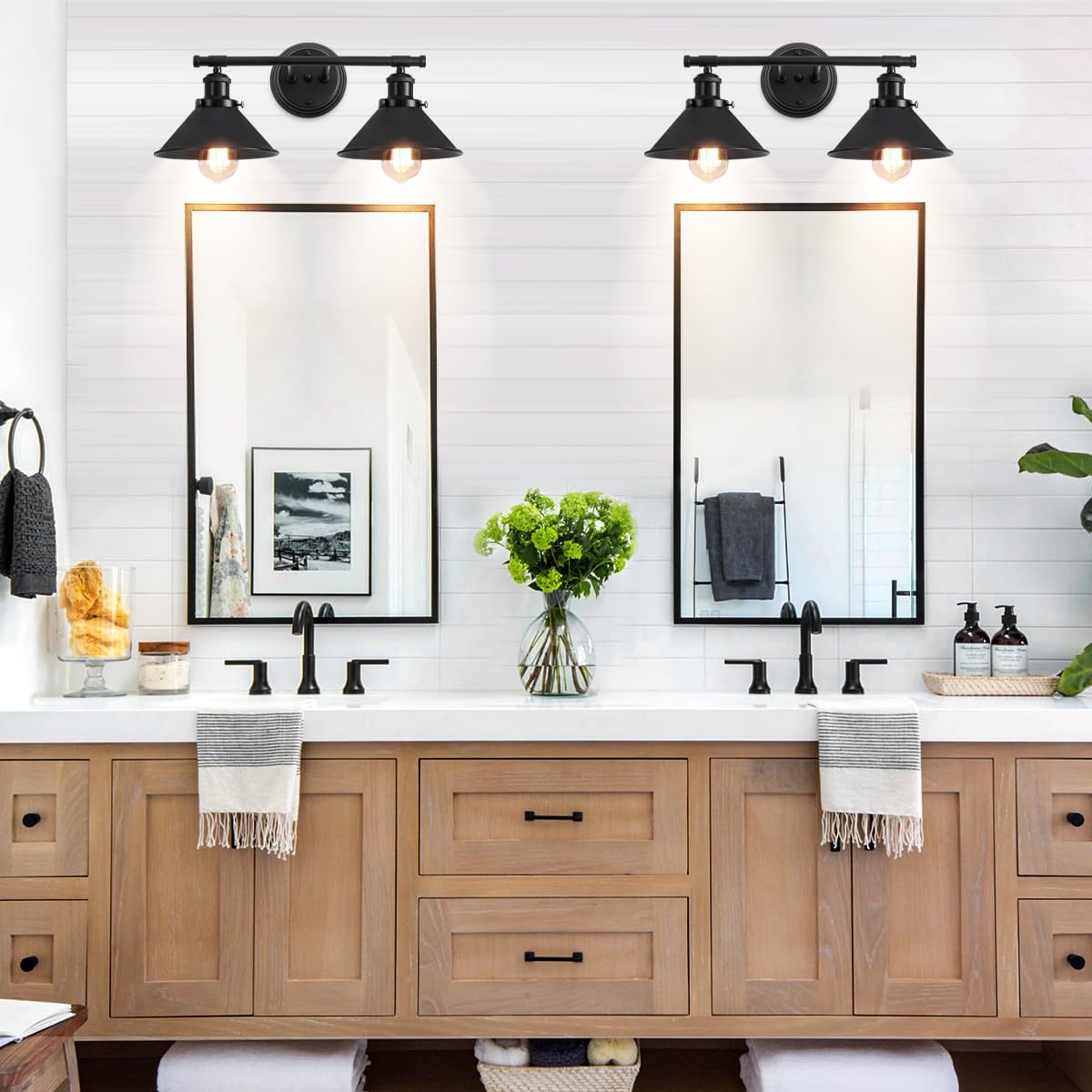 Toulmj Bathroom Light Fixtures Farmhouse Vanity Lights, 2 Light Bathroom Lighting Fixtures Over Mirror Bathroom Wall Sconces With Metal Shade, Matte Black Vanity Lights For Bathroom (19.48'')
