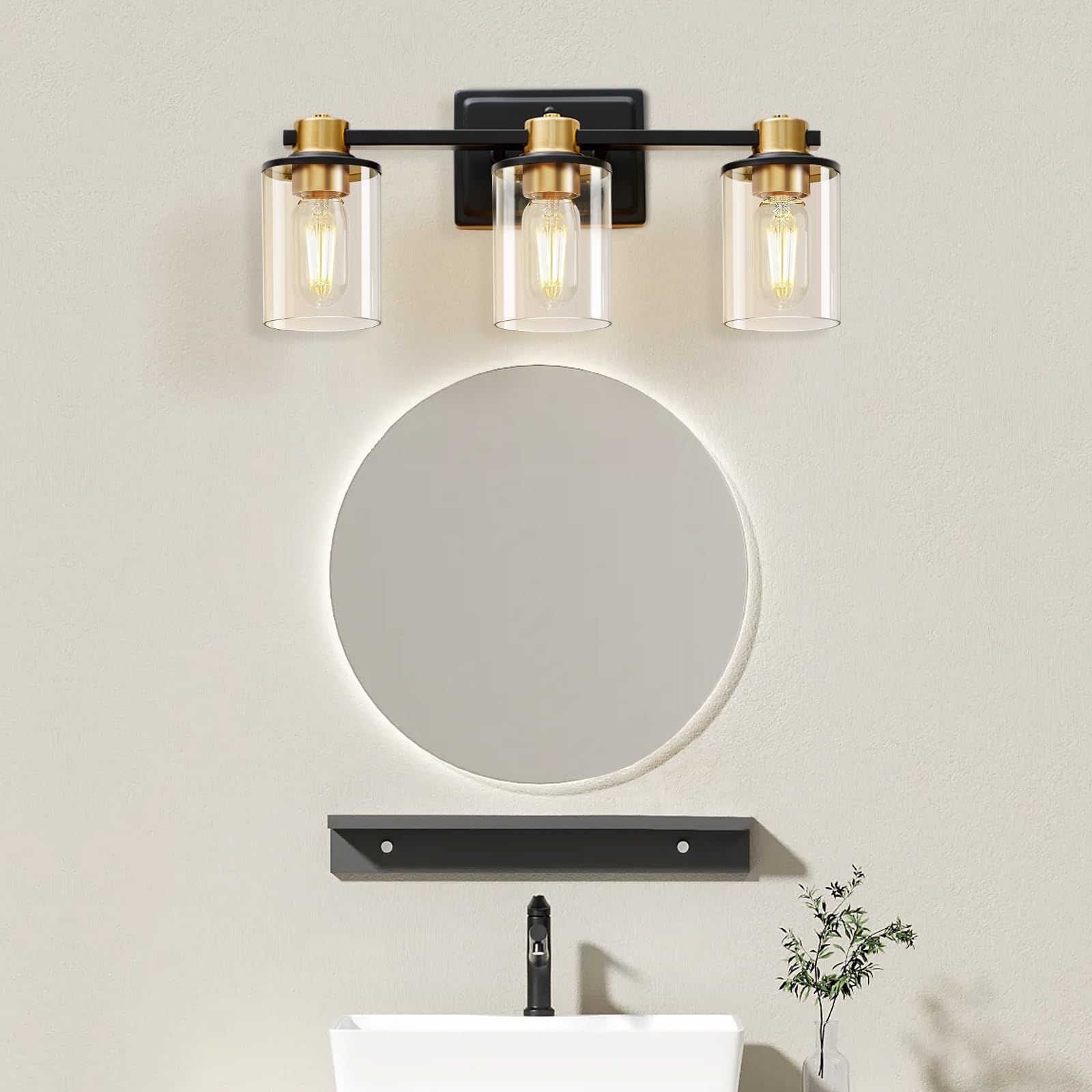 SANGFOR Bathroom Light Fixtures, Vanity Lights with 3 E26 Sockets, Brushed Gold & Black, Model 1, Glass Shades