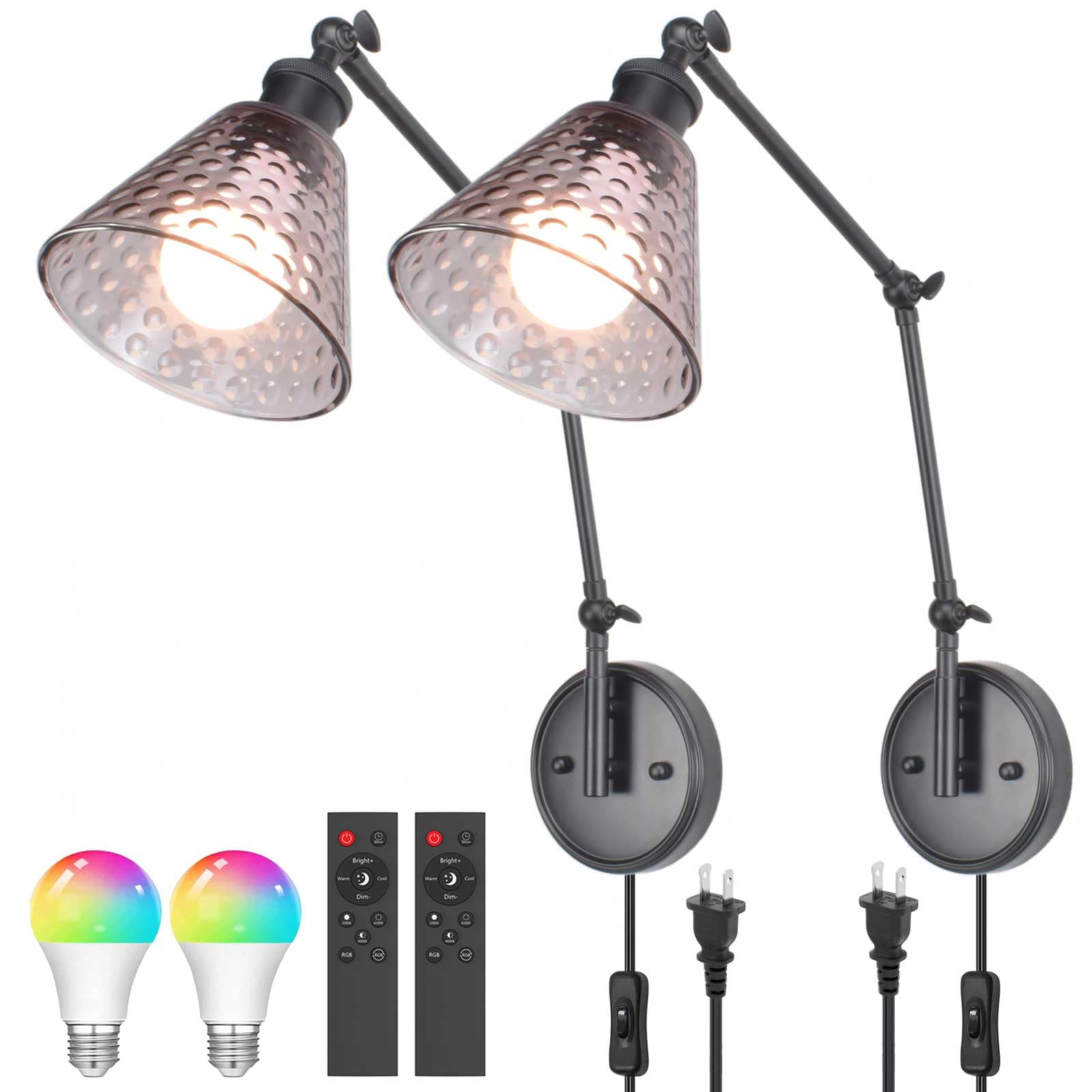 Swing Arm Wall Sconce Set of 2, Polka Dots Glass Lampshade, Adjustable Brightness Temperature Wall Lamp with Remote Control LED