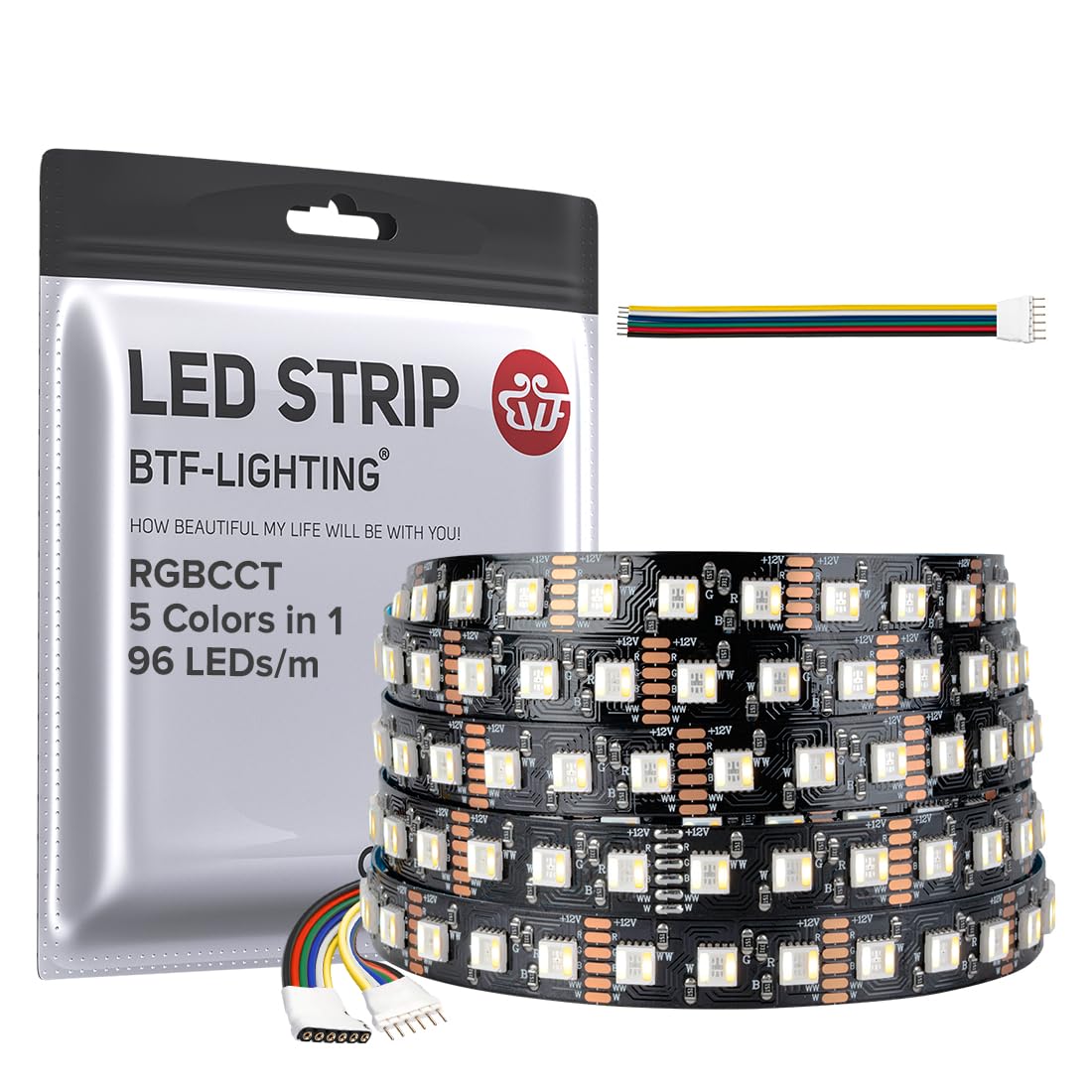 BTF-LIGHTING RGBCCT LED Tape Lights 5050SMD 16.4ft 96LED/m Black PCB DC12V