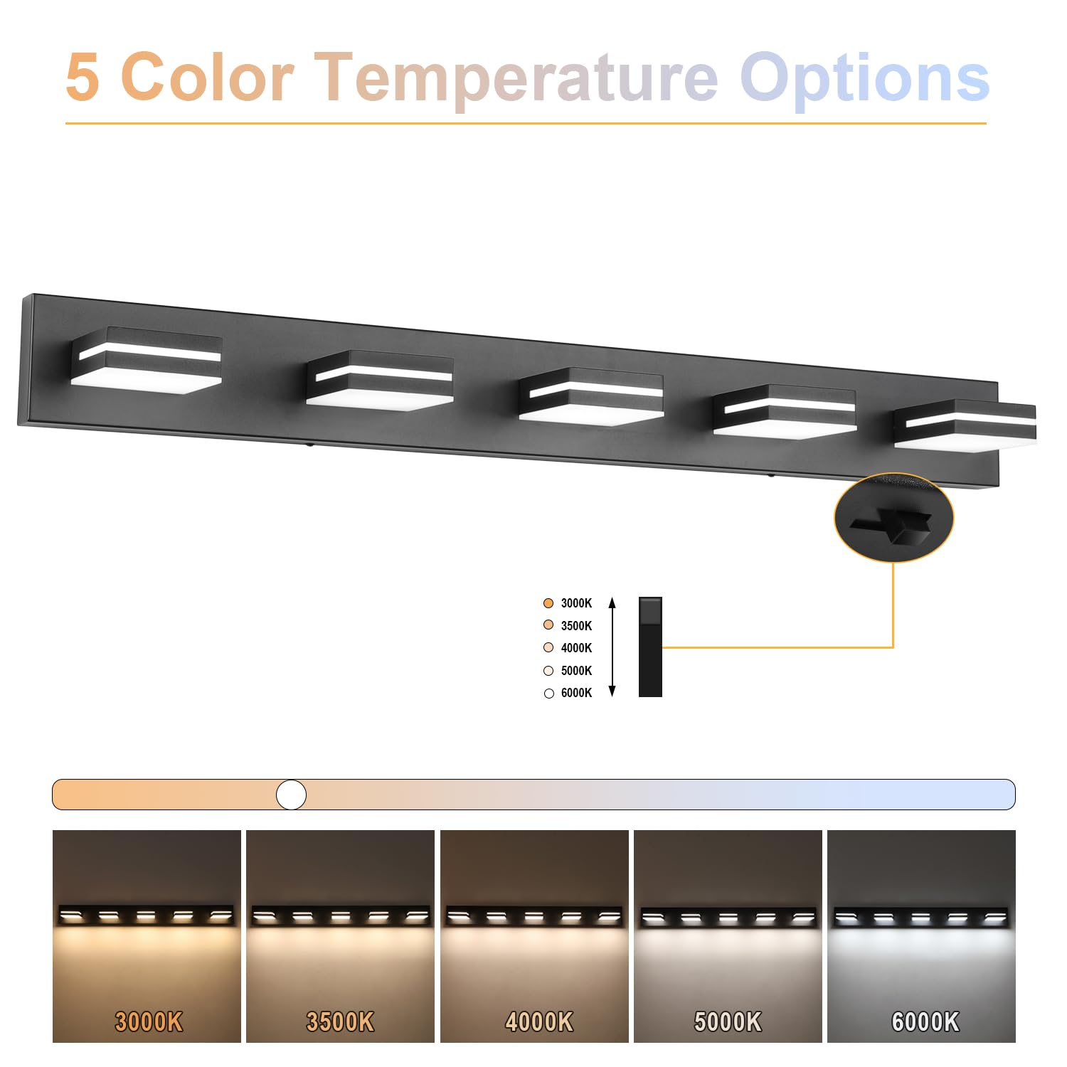 SineRise 5-Light LED Bathroom Vanity Light Fixture, Dimmable, Matte Black, 40-Inch, Model H0001-44, 5CCT Over Mirror Lighting