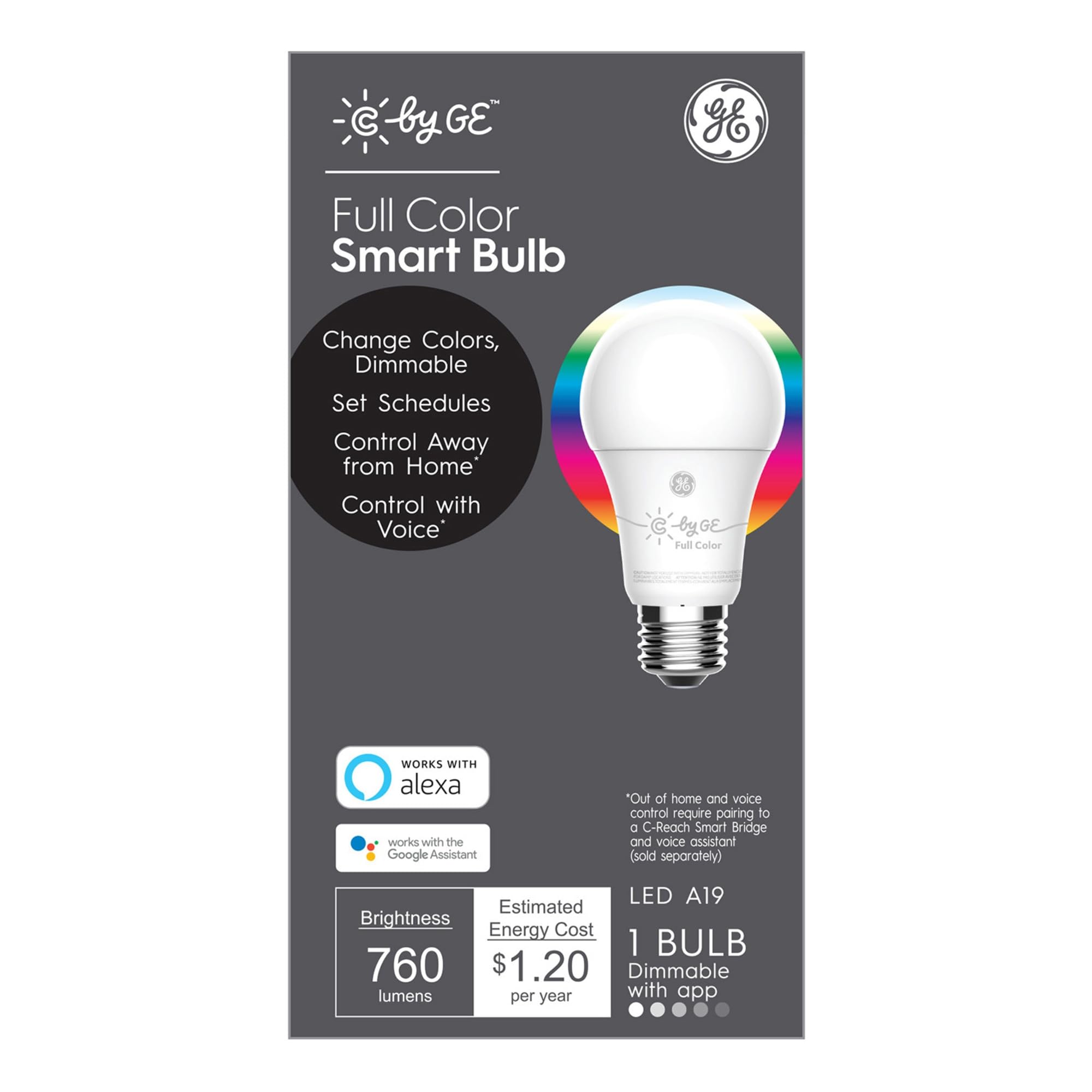 Cync Smart LED Light Bulb, Full Color, Bluetooth, 1 Pack, Compatible with Alexa & Google Home, Model CLEDA1911C2/ST1P
