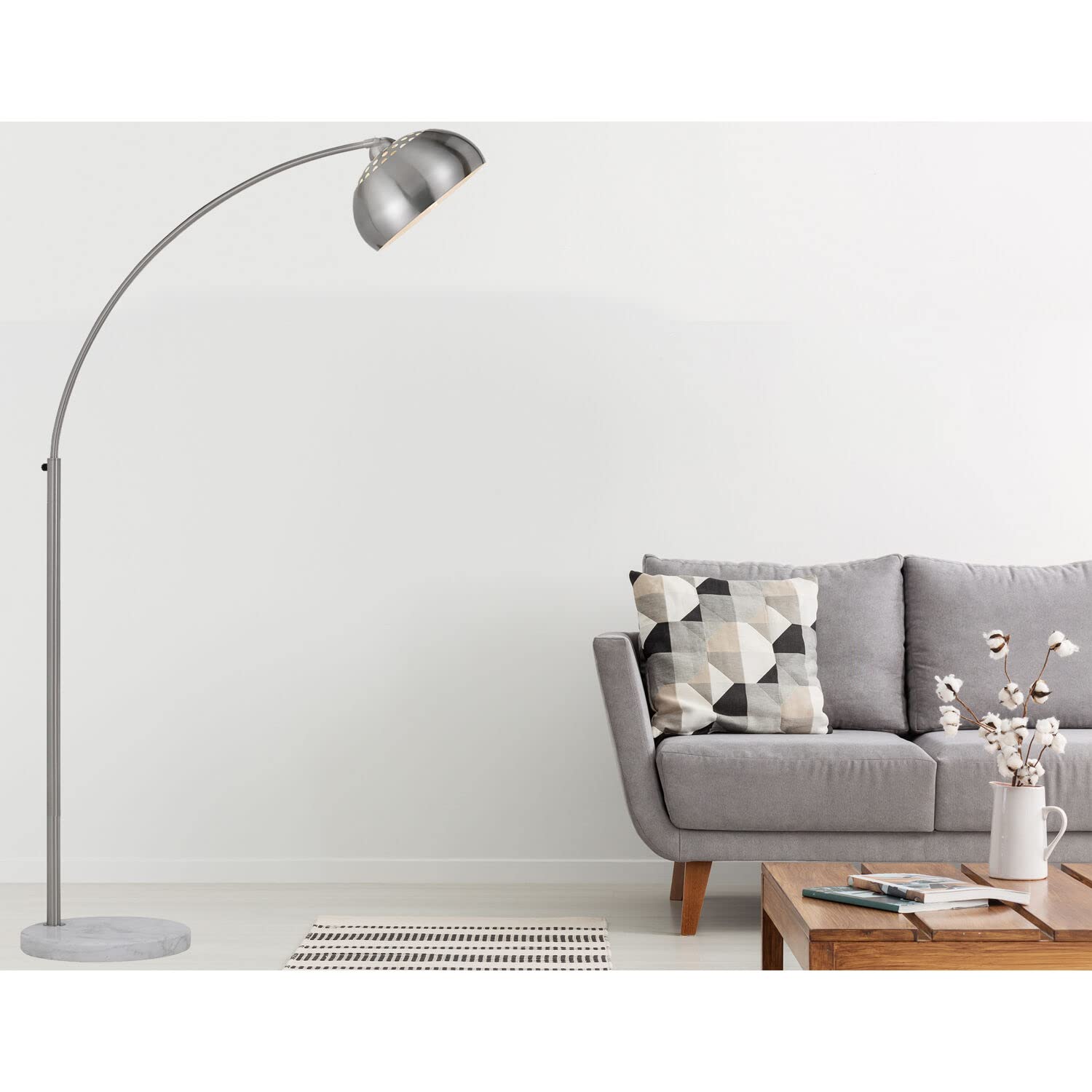 AF Lighting Orb Adjustable Plug-in Floor Lamp with Online Foot Switch, Marble Base and Brushed Nickel Metal Globe Shade for Home