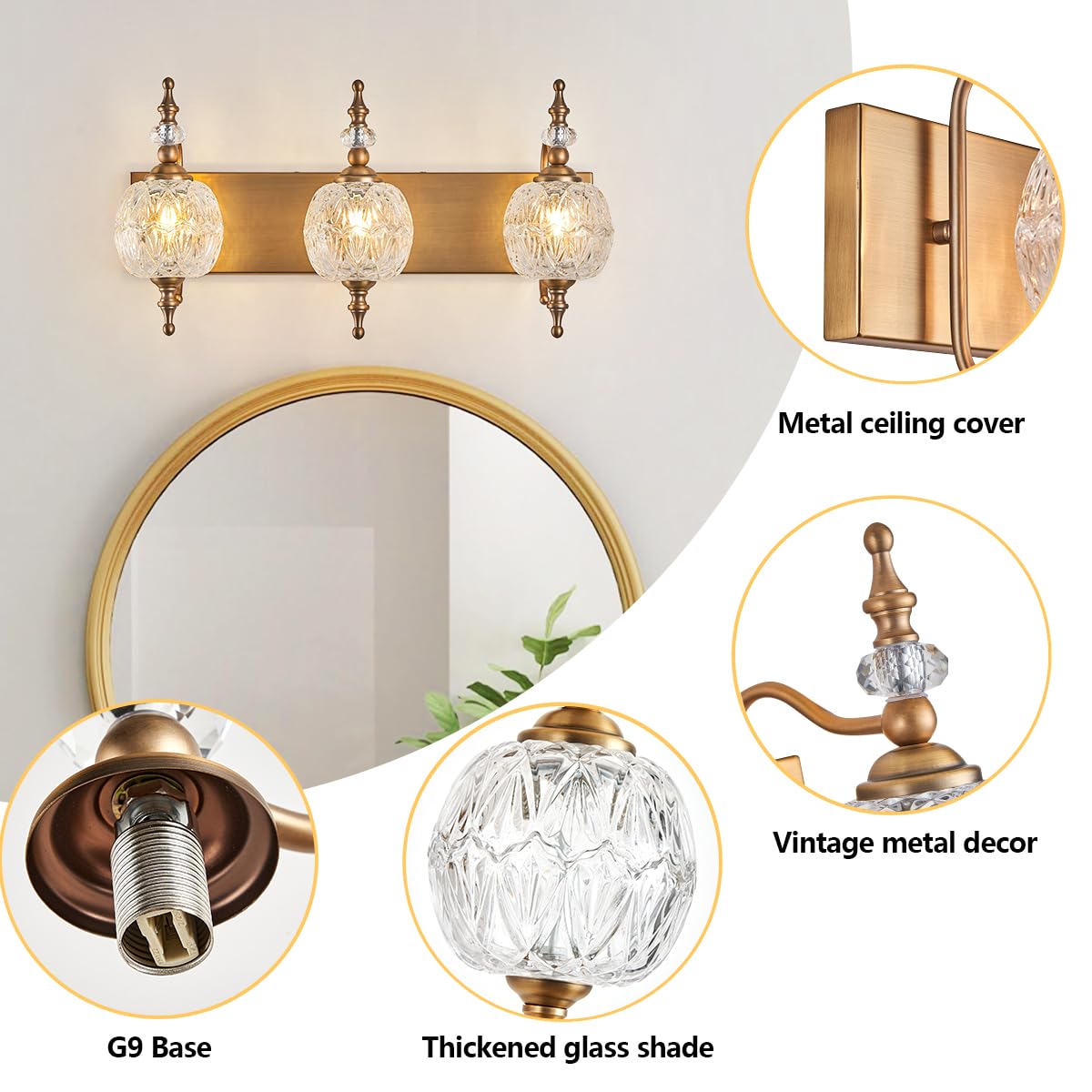 TLOLGT Vintage Bathroom Vanity Light, 3-Light Sconce, Matte Brushed Antique Brass, Crystal Glass Shade, Model W233-3