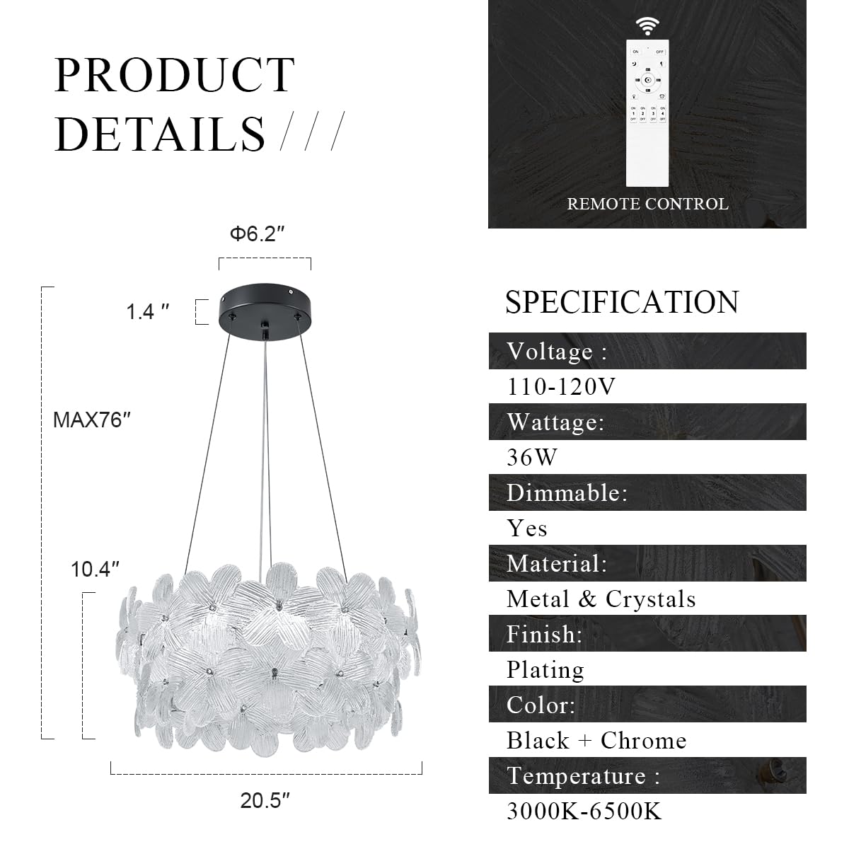 Poemoon Flower Led Crystal Chandelier 20'' Modern Black Flush Mount Dimmable Chandelier Light Fixture With Remote Control For Di